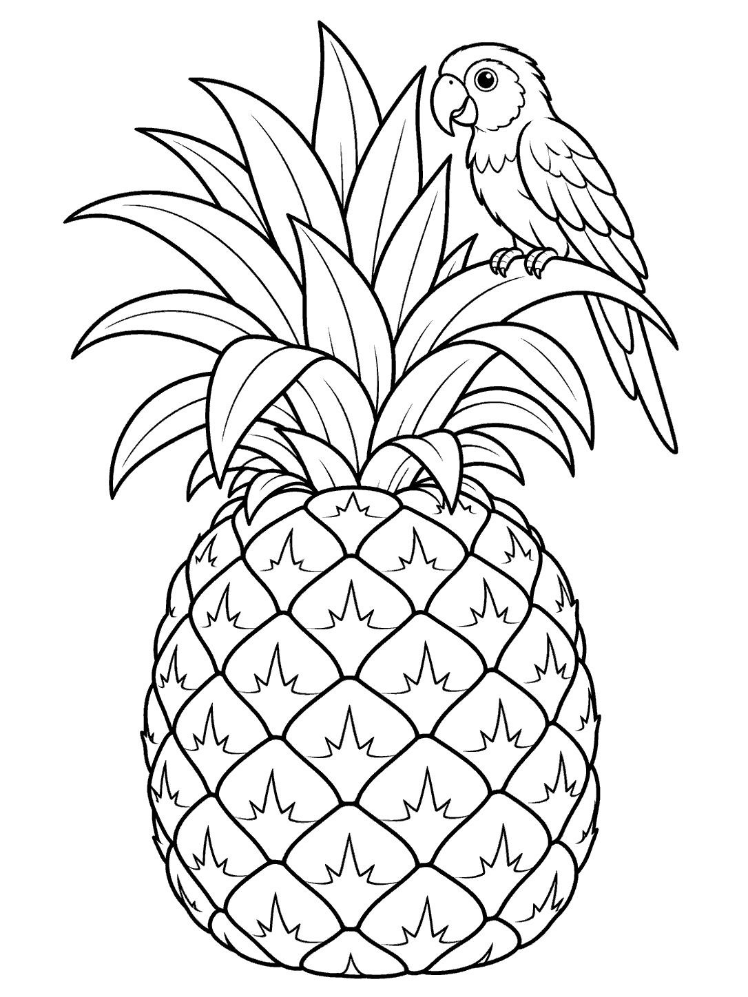 A small parrot with a curved beak and layered feathers perched on the leafy crown of a large upright pineapple, drawn in black outlines on white.