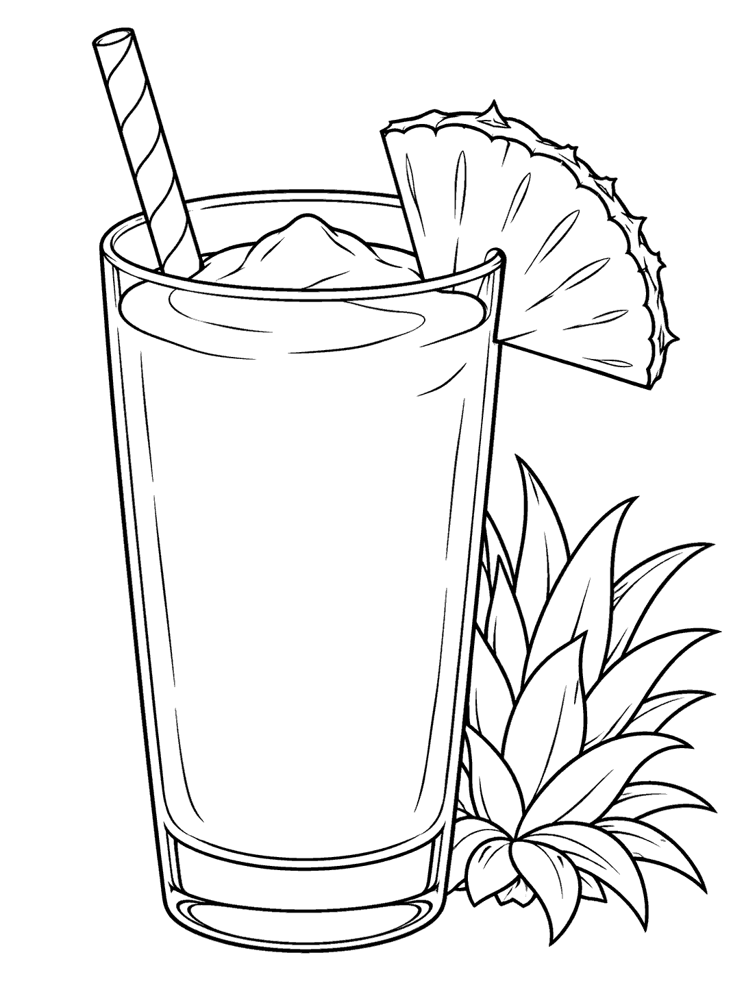 Line art of a tall pineapple smoothie glass with a straw, wedge garnish, and leafy crown