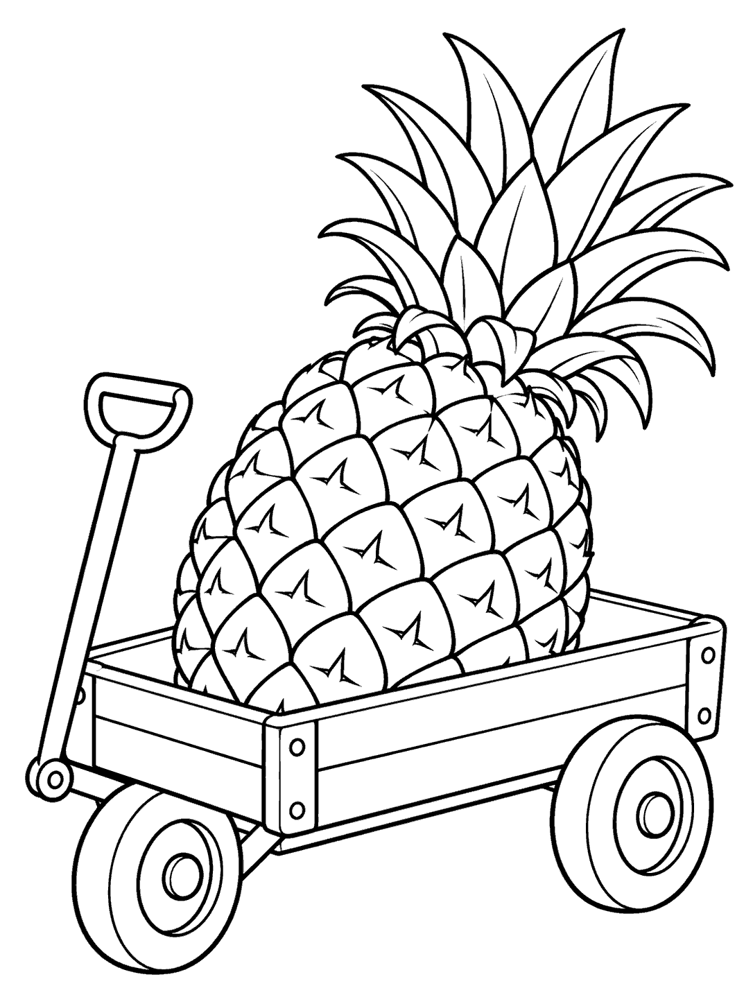 Large pineapple with a tall leafy crown riding in a simple garden wagon with two wheels and a short handle