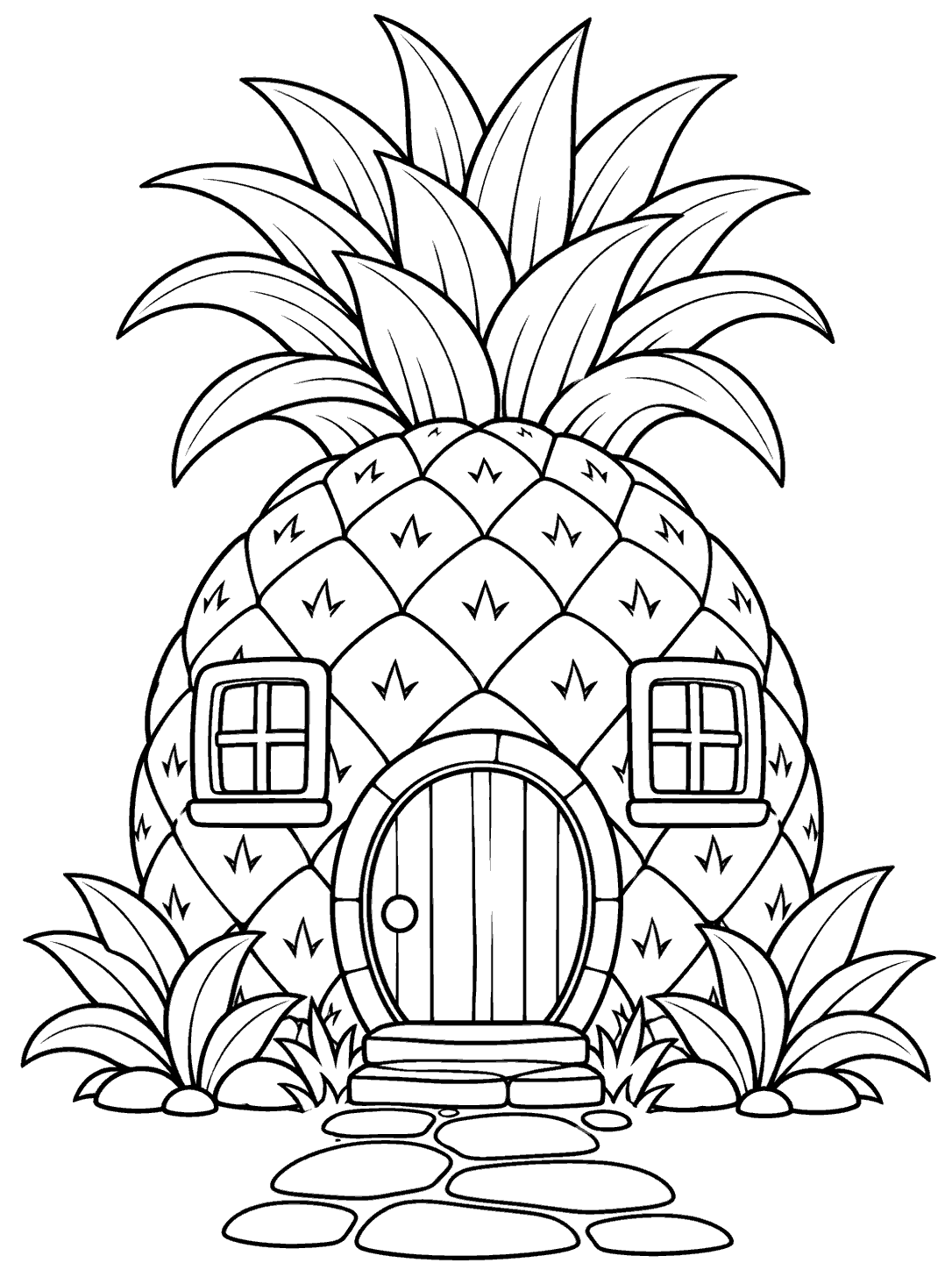 Pineapple-shaped cottage with leafy crown, round front door, two square windows, and a stone path, drawn in black outlines.