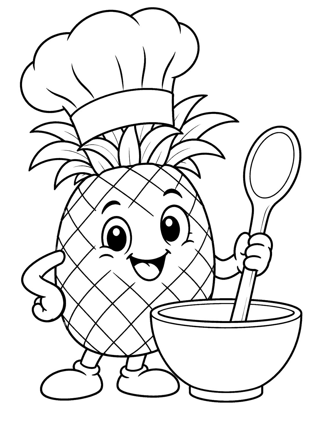 Smiling pineapple character wearing a tall puffy chef hat, holding a wooden spoon beside a mixing bowl.