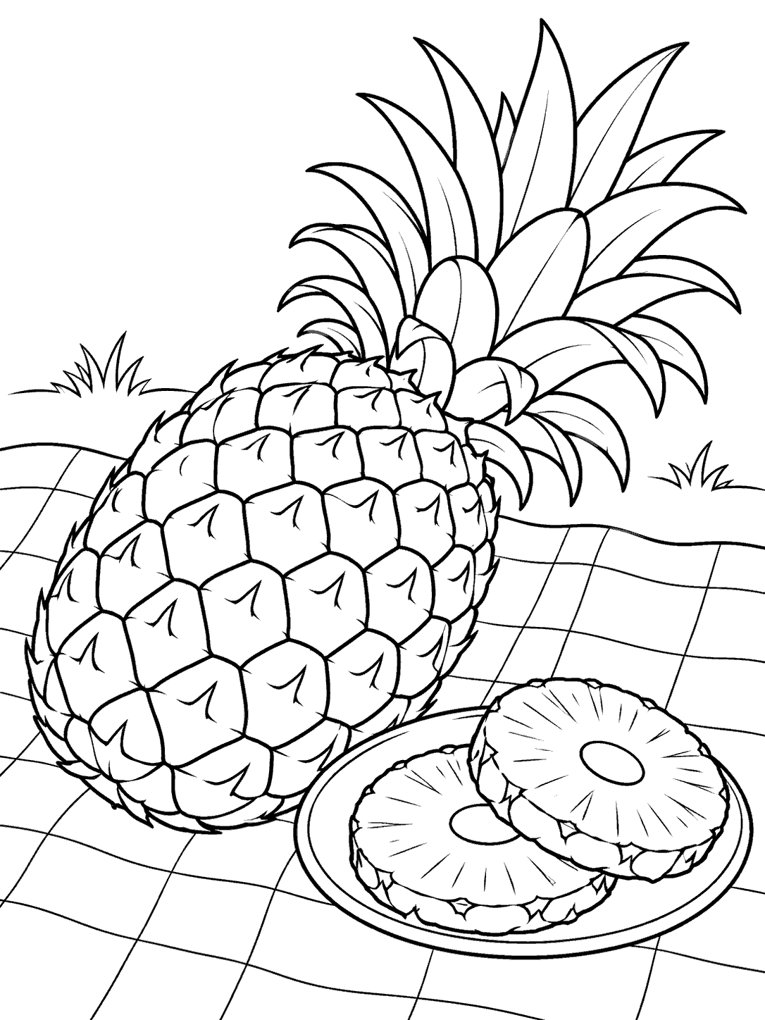 Whole pineapple lying on a checked picnic blanket beside a plate holding two pineapple slices