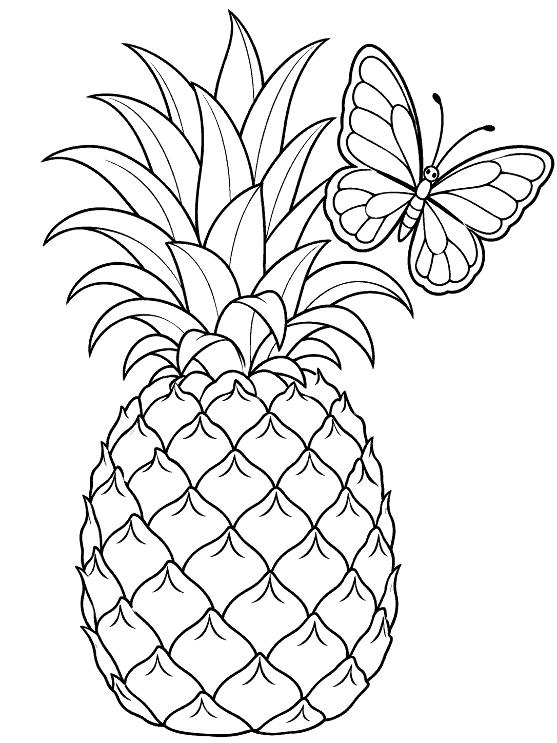 A large upright pineapple with a butterfly hovering beside its leafy crown, drawn in clean black outlines on white.