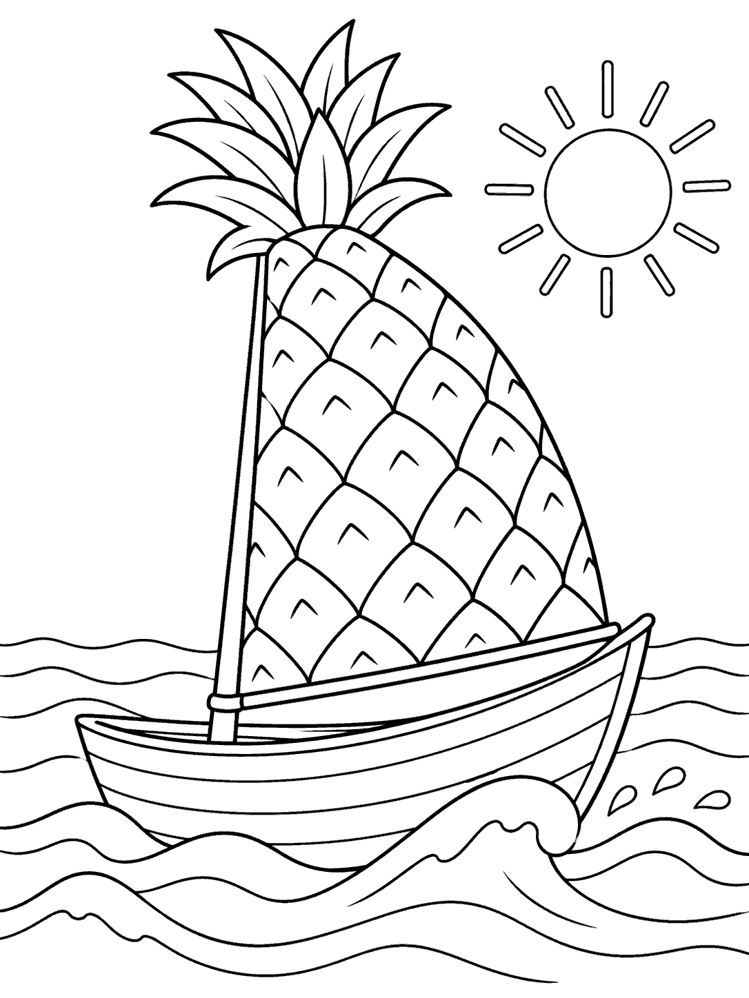 Sailboat with a large pineapple-shaped sail and leafy crown on gentle waves, with a sun overhead