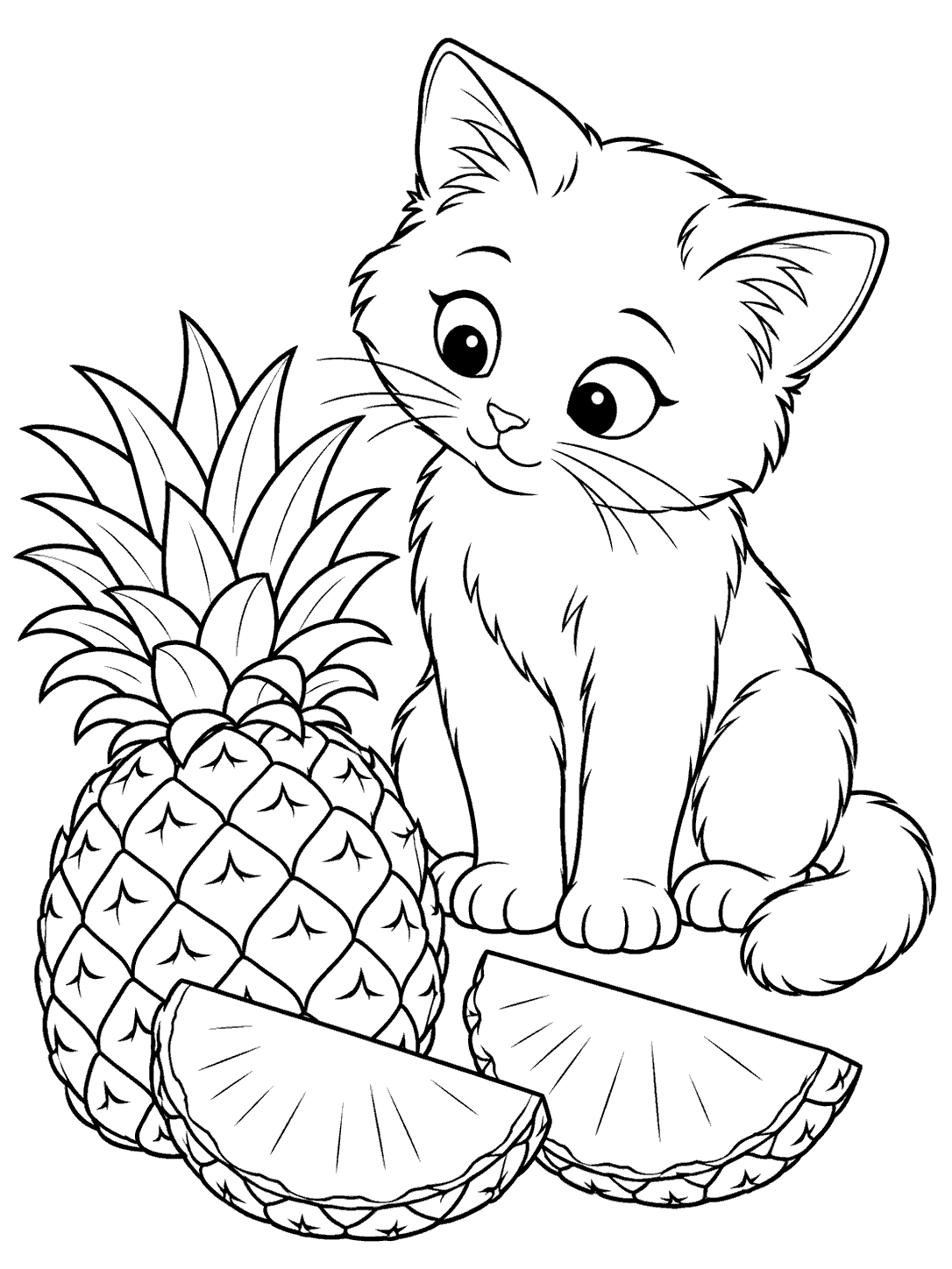 Seated wide-eyed cat beside a whole pineapple and two cut wedges