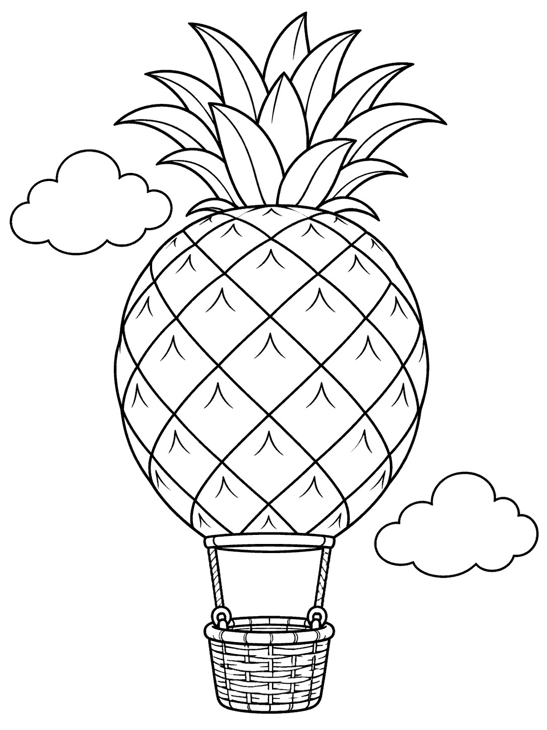 Black-and-white coloring page showing a diamond-patterned pineapple hot-air balloon with leafy crown, woven basket, and two clouds.