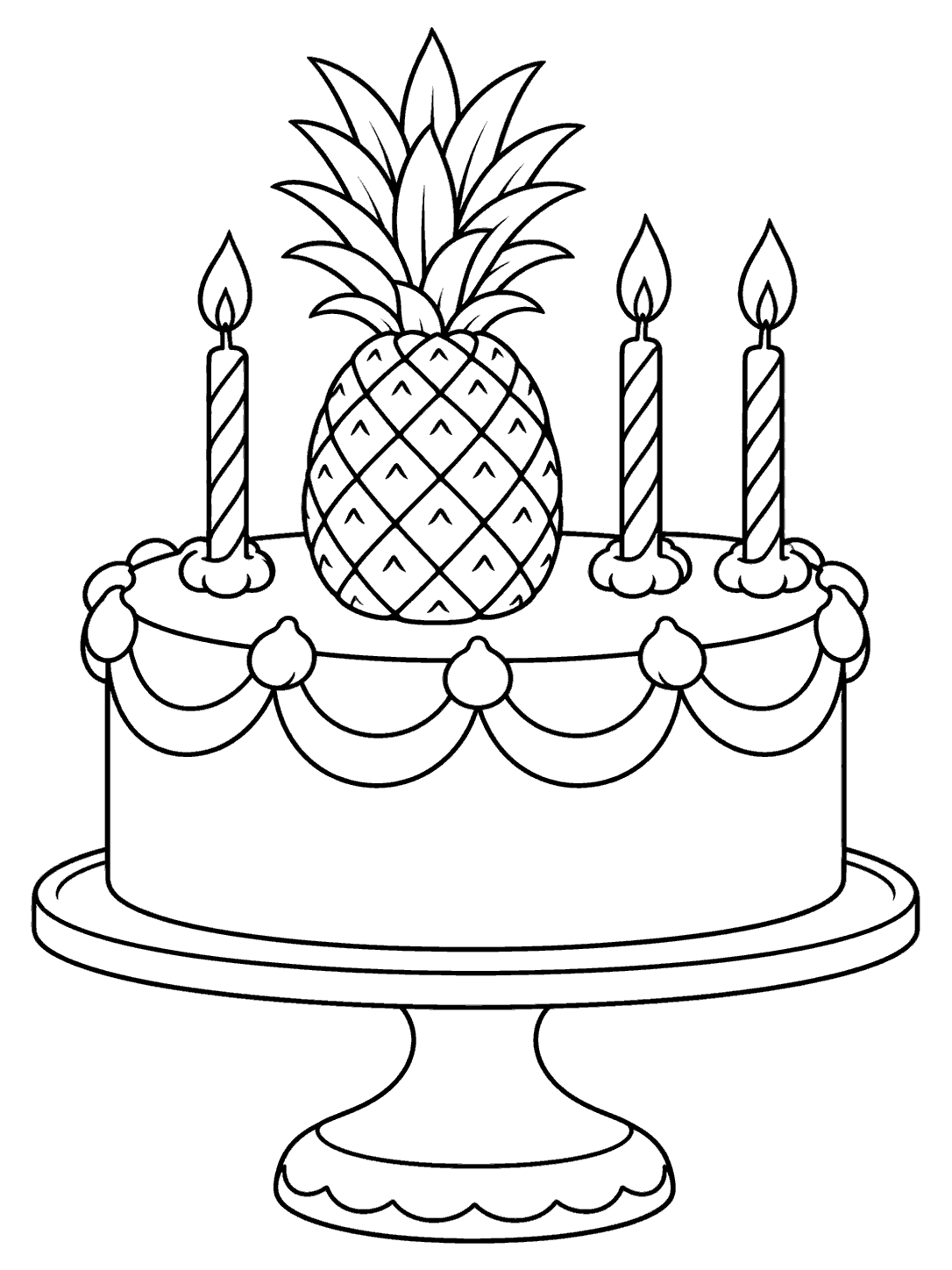 A whole pineapple and three candles sit atop a single-layer cake with scalloped frosting, on a pedestal stand.