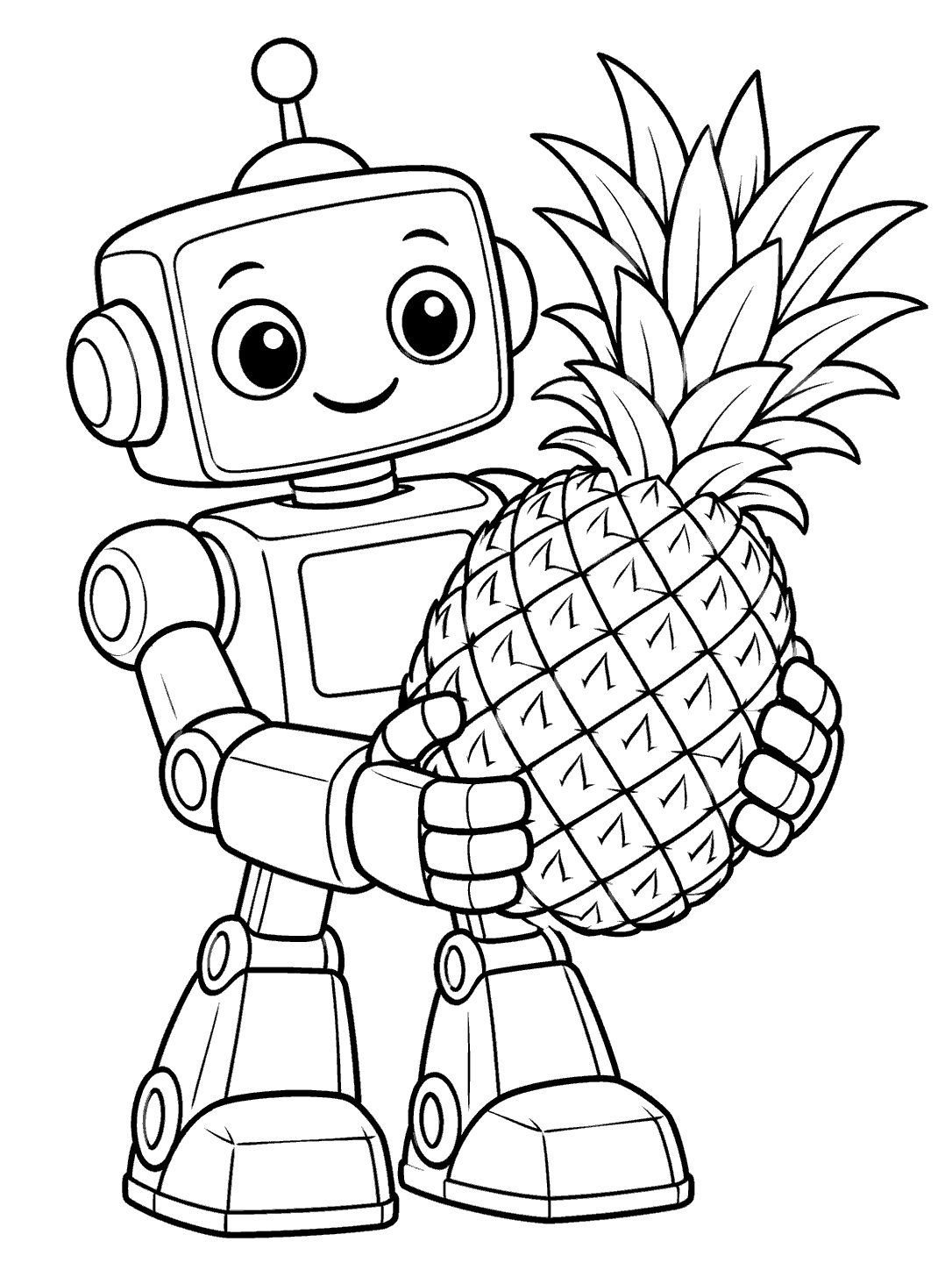 Friendly boxy robot holding a large pineapple