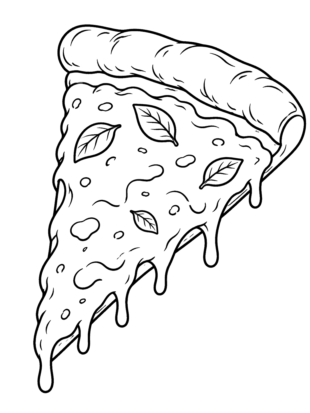 Black-and-white coloring page of a large triangular cheese pizza slice with a thick crust, cheese drips, and herb leaves.