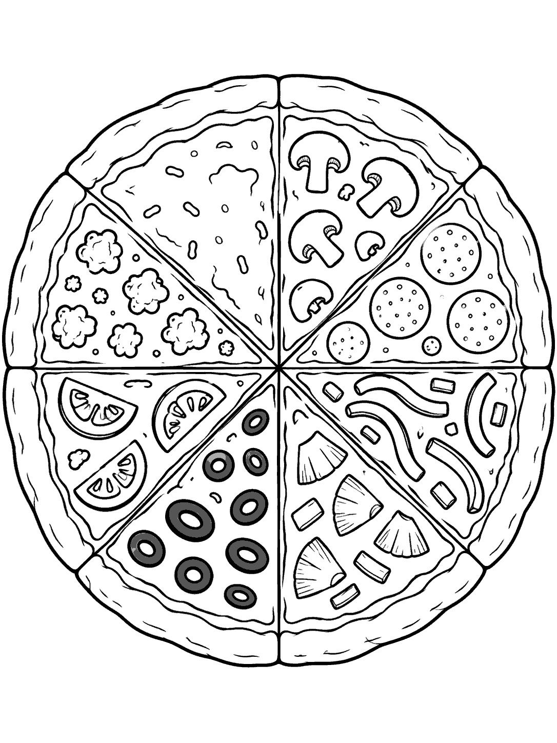 Top-down round pizza divided into eight wedges with varied toppings, in black-and-white coloring page line art.