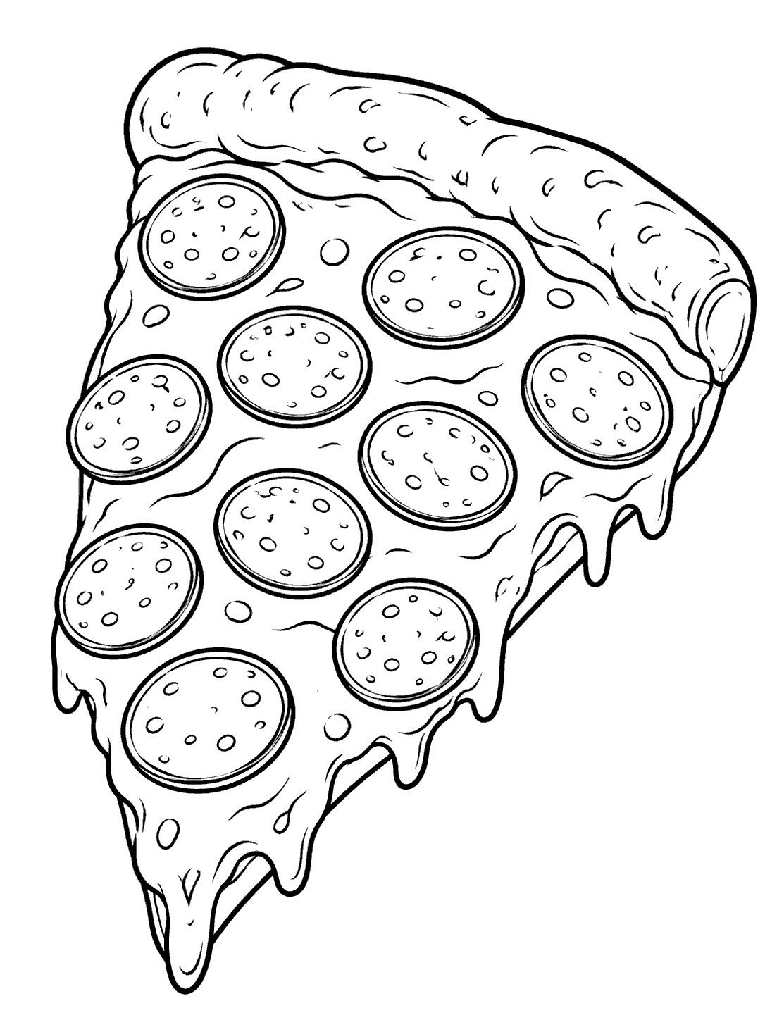 Black and white coloring page of a large pepperoni pizza slice with a curved crust and open cheese areas.