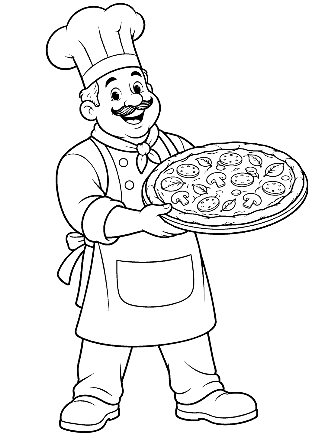 Smiling chef in a tall hat and apron holding a topped pizza on a tray, drawn as a coloring page.
