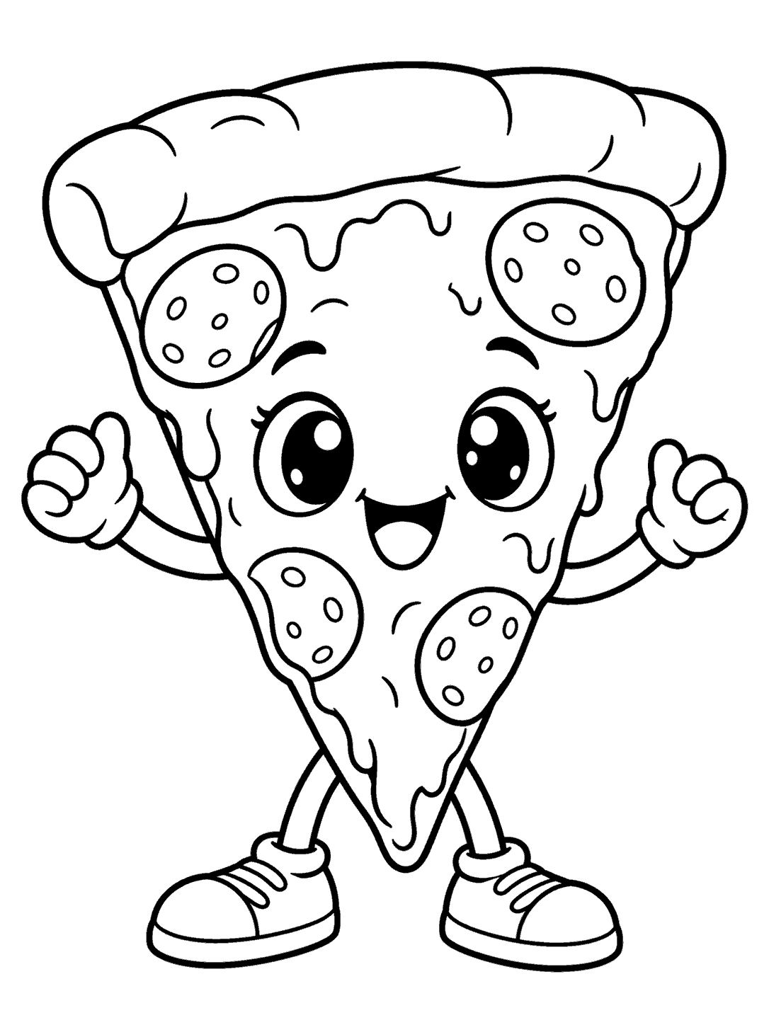 Smiling anthropomorphic pizza slice with pepperoni, raised arms, and sneakers in a black-and-white coloring page
