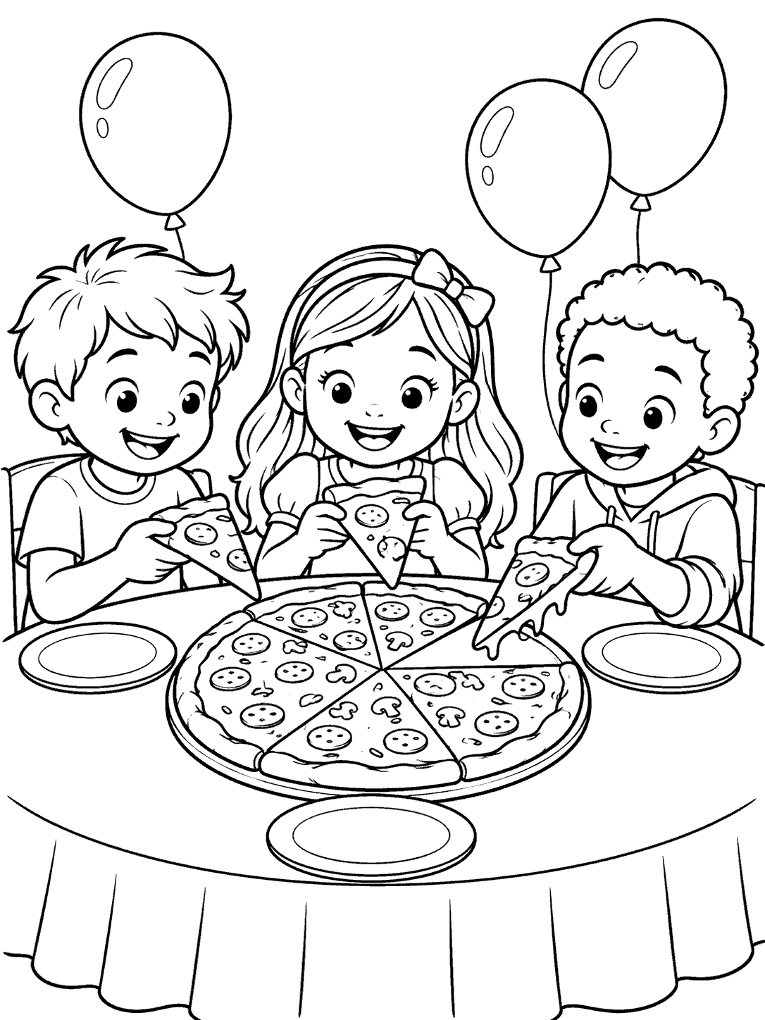 Three children sharing pizza at a table with balloons in a printable coloring page