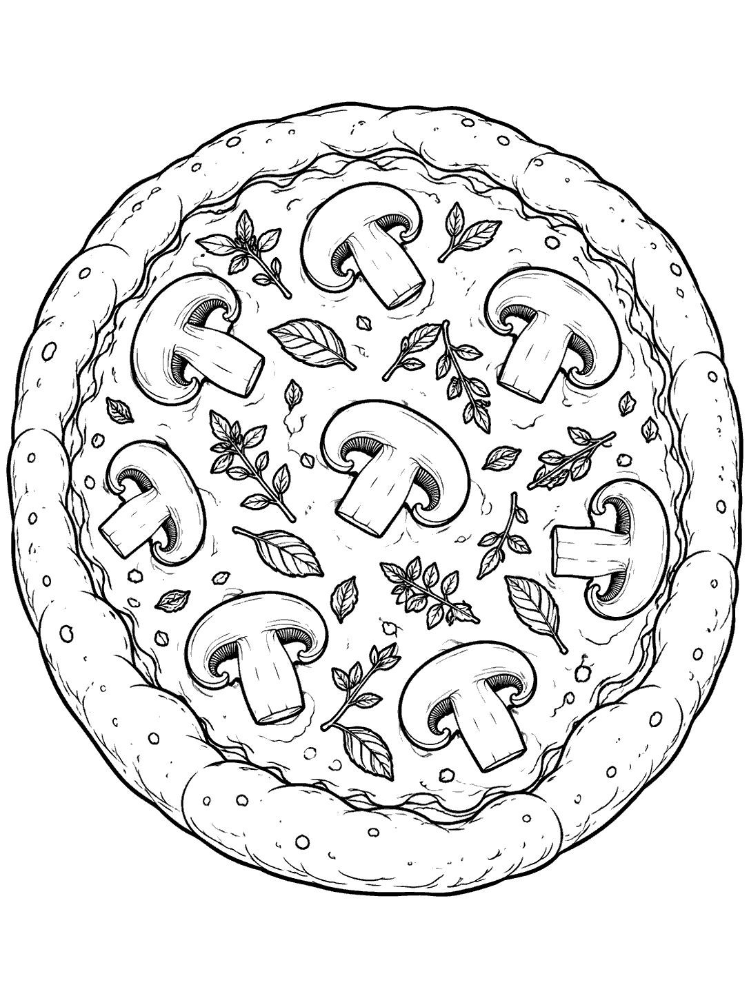 A whole rustic mushroom pizza coloring page with a thick crust, sliced mushrooms, herbs, and cheese.