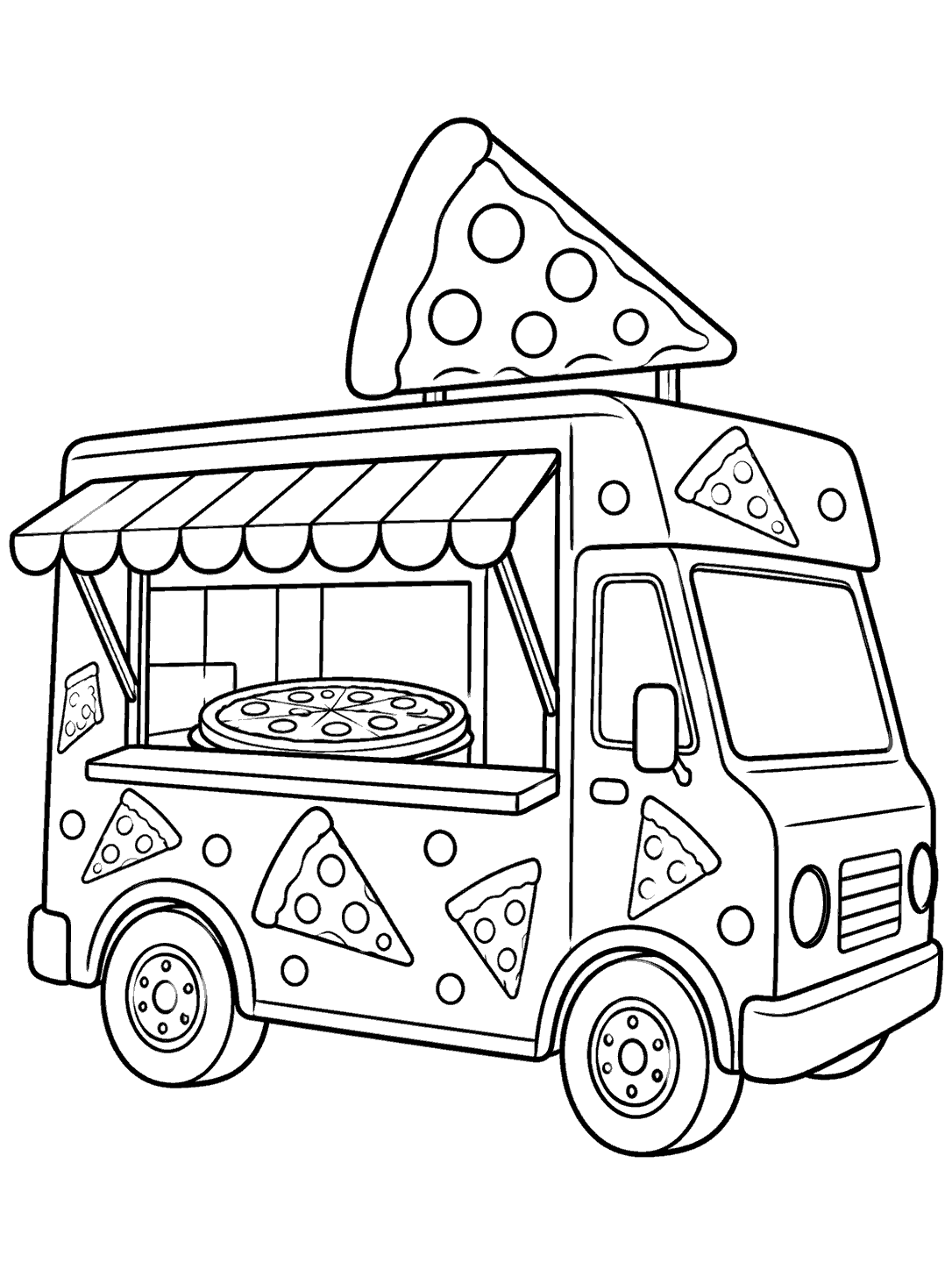 Black-and-white pizza food truck coloring page with an awning, two wheels, and pizza slices decorating the truck.