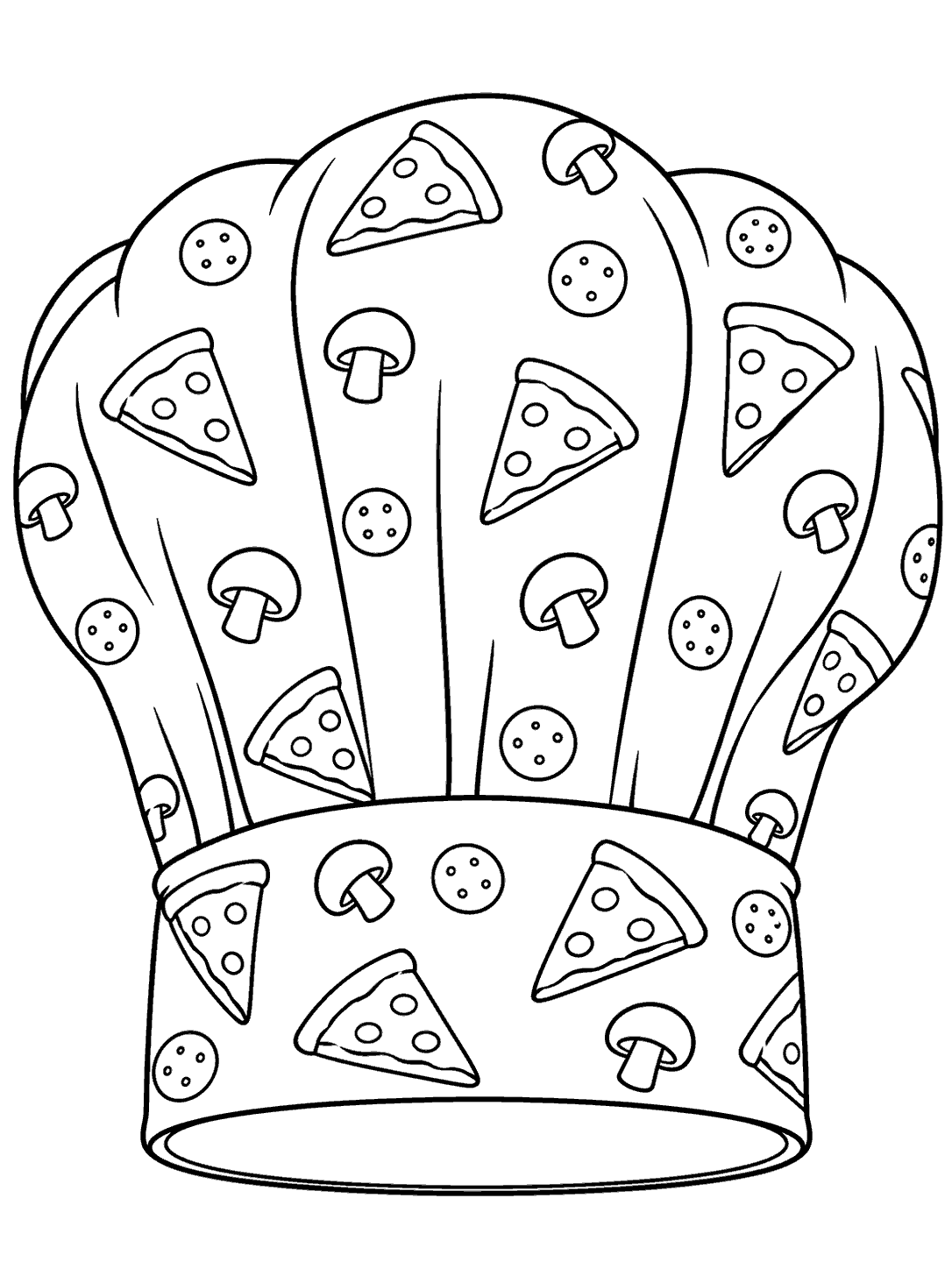 Black-and-white coloring page of a tall puffy chef hat decorated with pizza slices, pepperoni circles, and mushrooms.