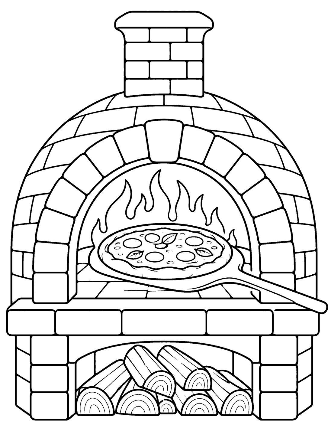Black-and-white coloring page of a brick wood-fired pizza oven with a pizza on a peel, flames, and firewood below.