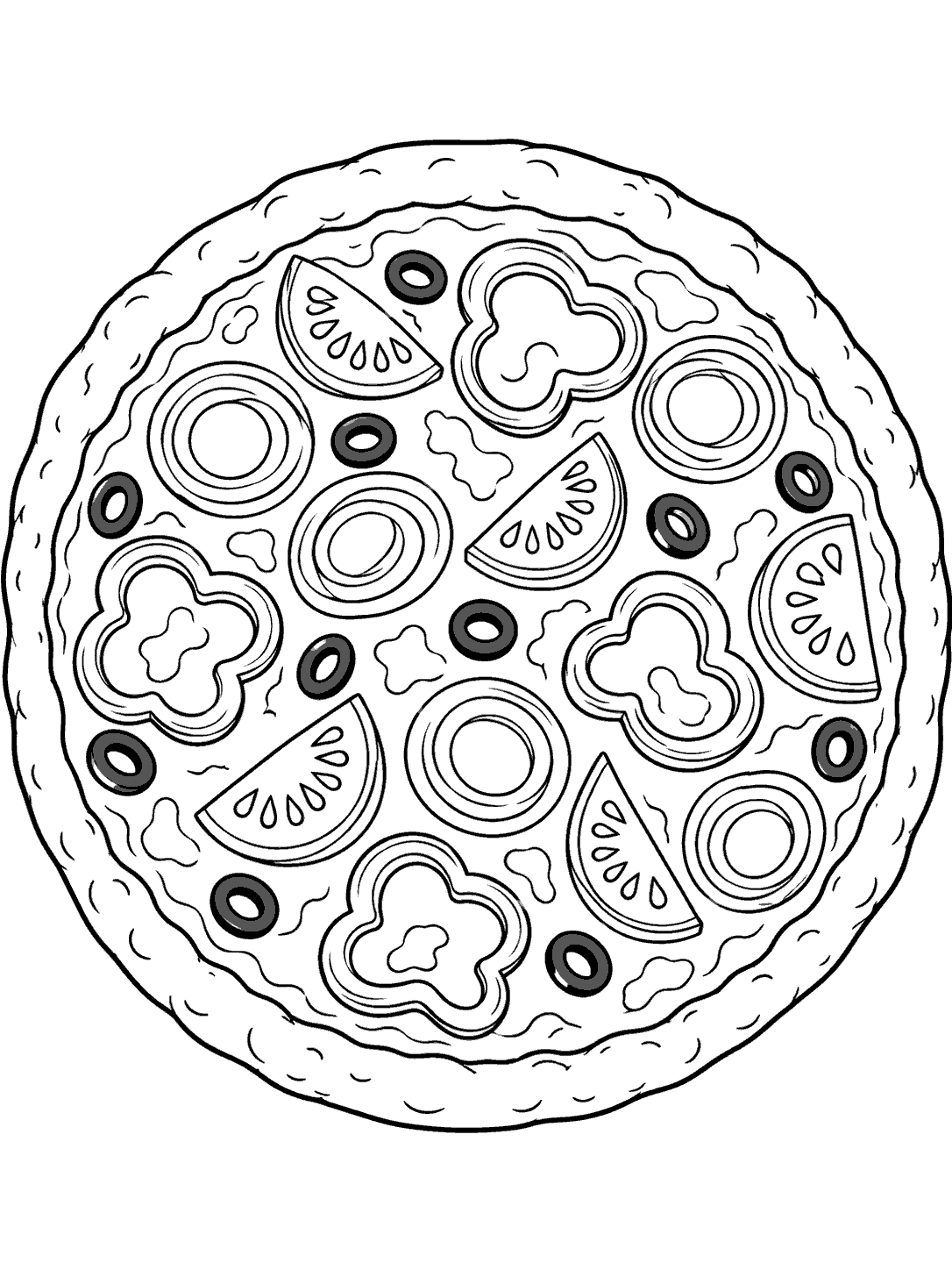 A top-down vegetable pizza coloring page with a visible crust and distinct toppings.