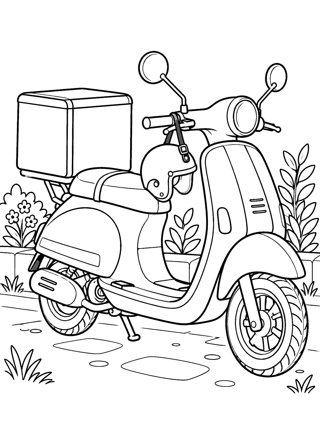 Black-and-white coloring page showing a scooter with a square pizza box, helmet, and roadside plants.