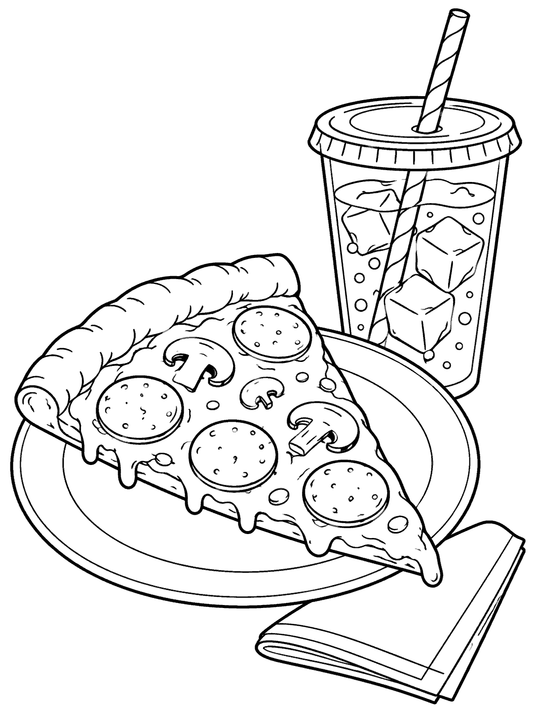 Black outline coloring page of a pizza slice on a plate beside an iced soda cup with a striped straw and folded napkin.