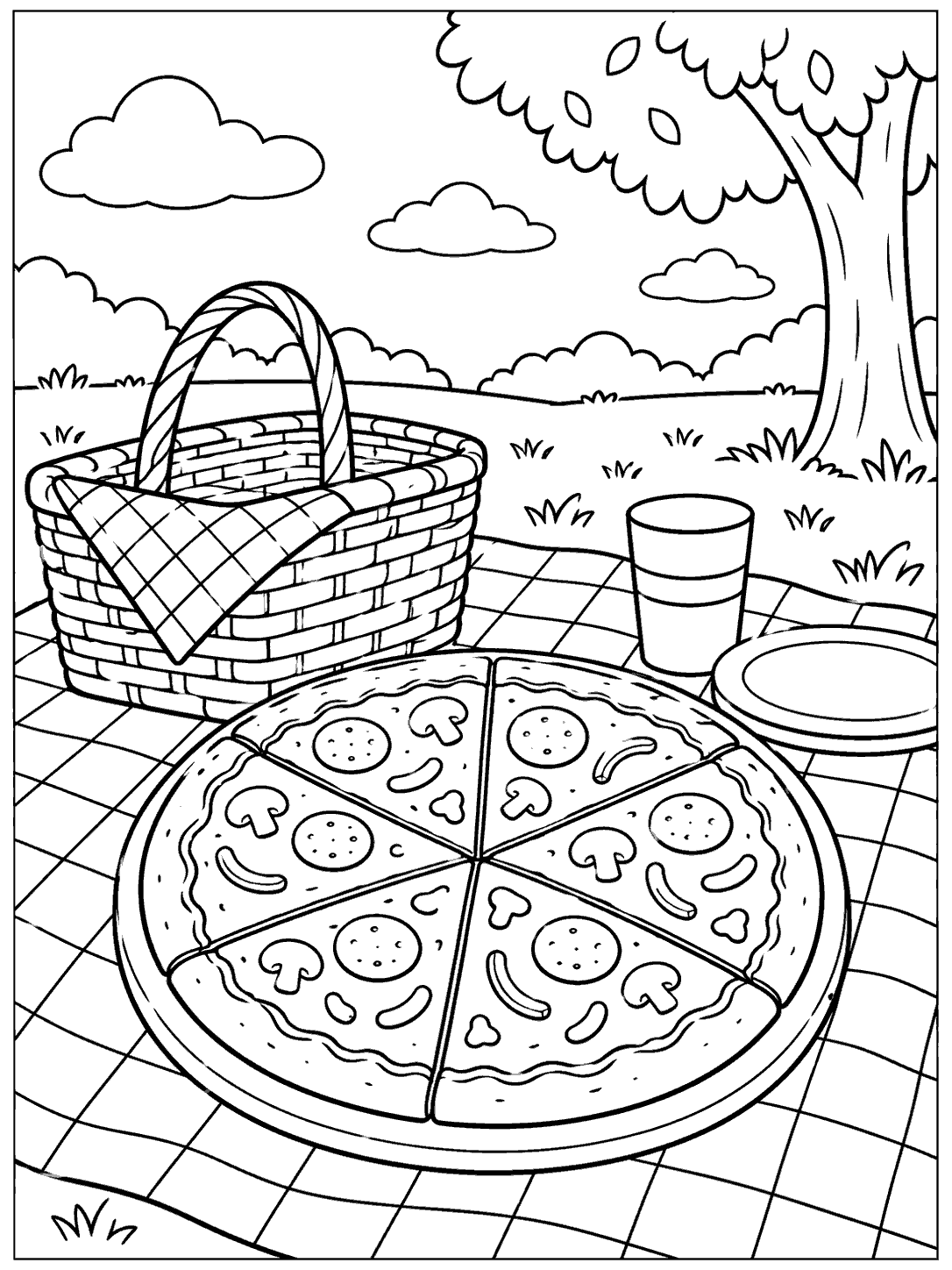 Large six-slice pizza on a checkered picnic blanket beside a basket, plate, and cup, with a tree and clouds in the background.