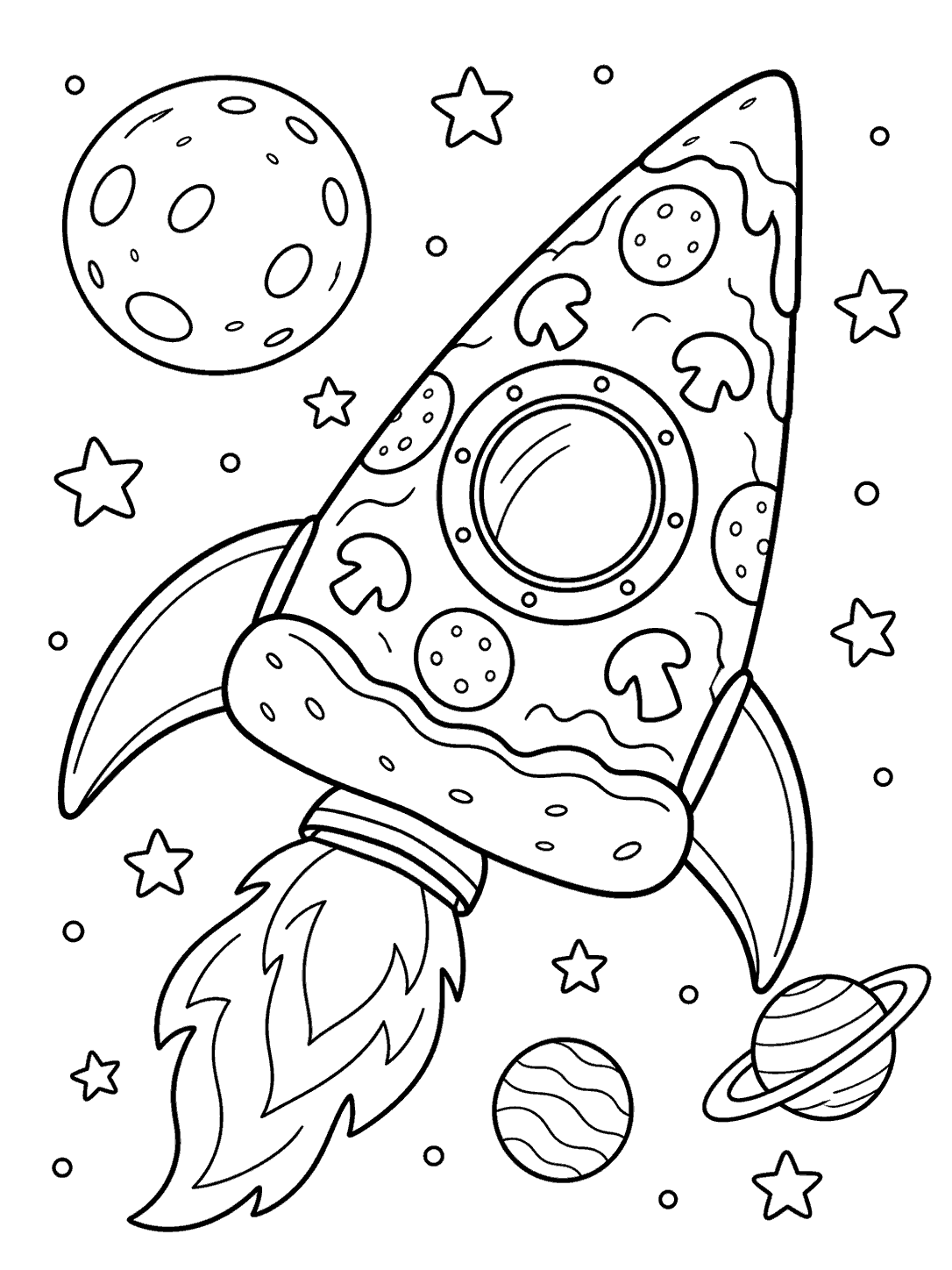 Pizza slice rocket with a round window and fins flying through space, surrounded by stars and planets, in a black-and-white coloring page.