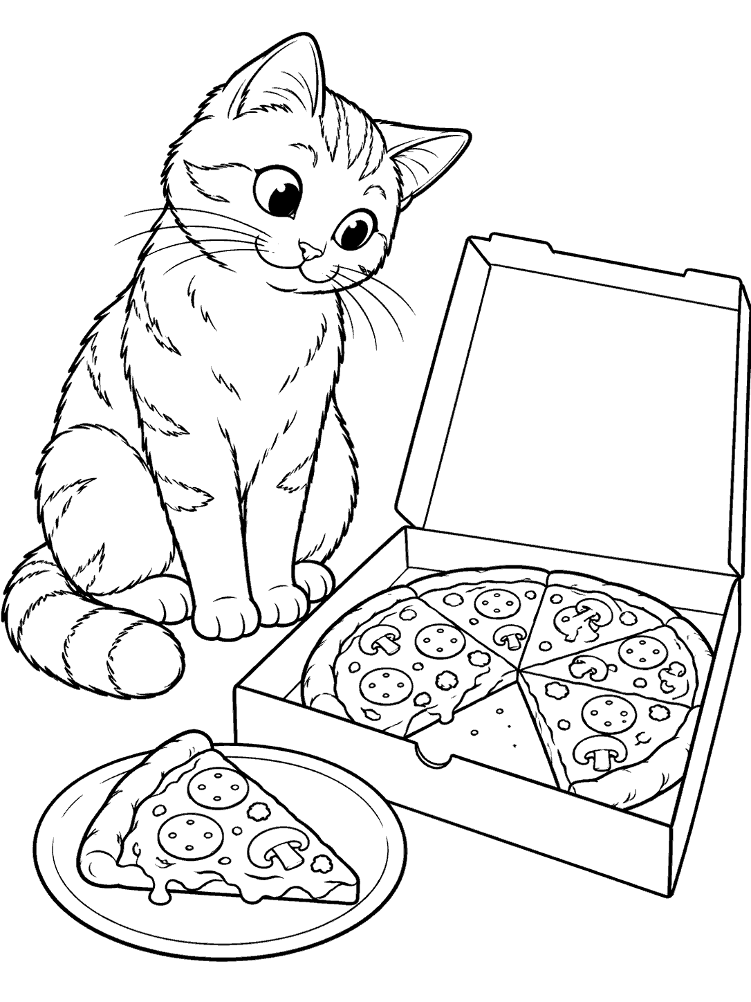 Curious cat beside an open pizza box and a plated slice coloring page