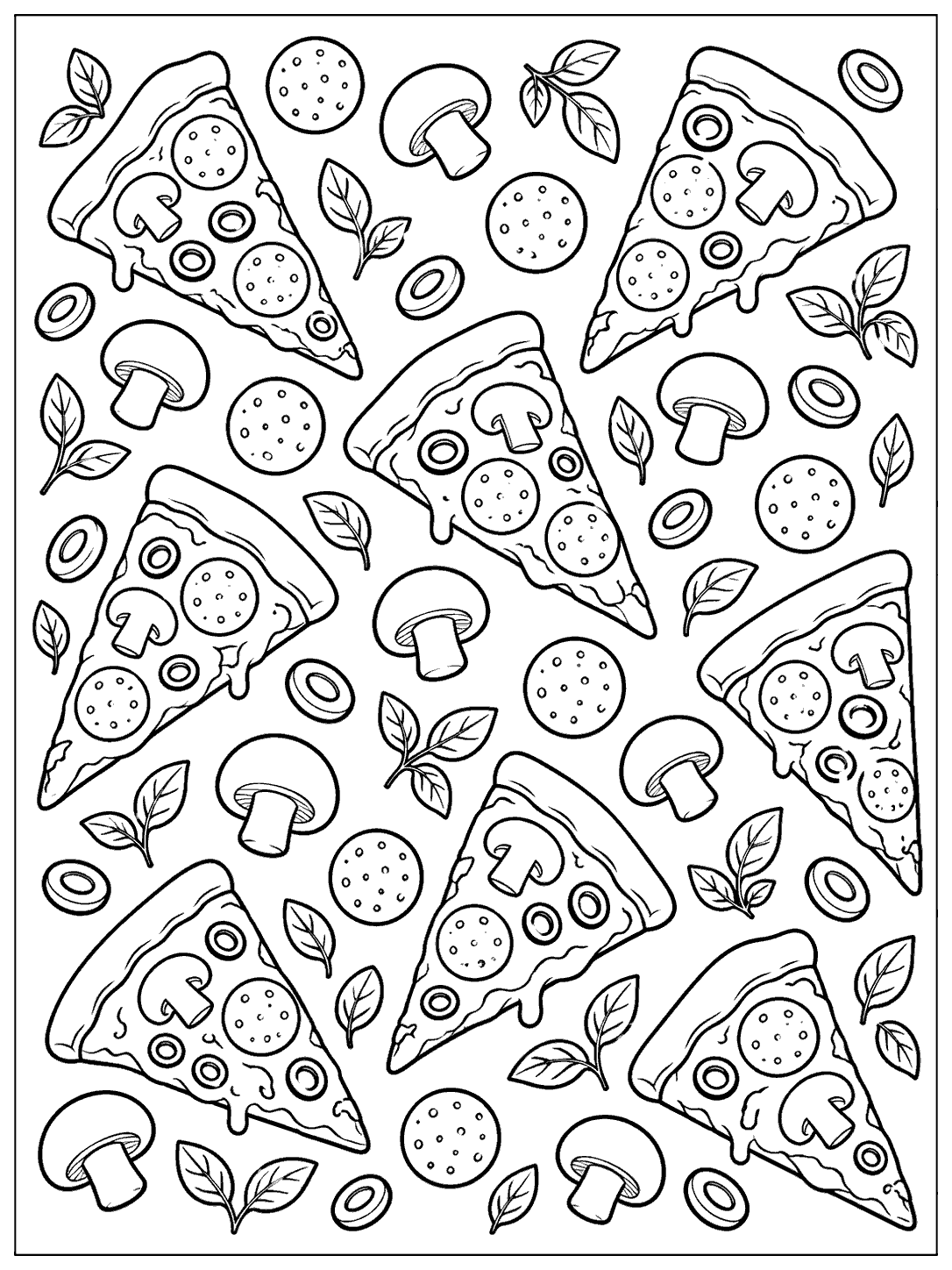 Portrait coloring page with pizza slices, whole mushrooms, pepperoni circles, olives, and herb leaves in staggered rows.