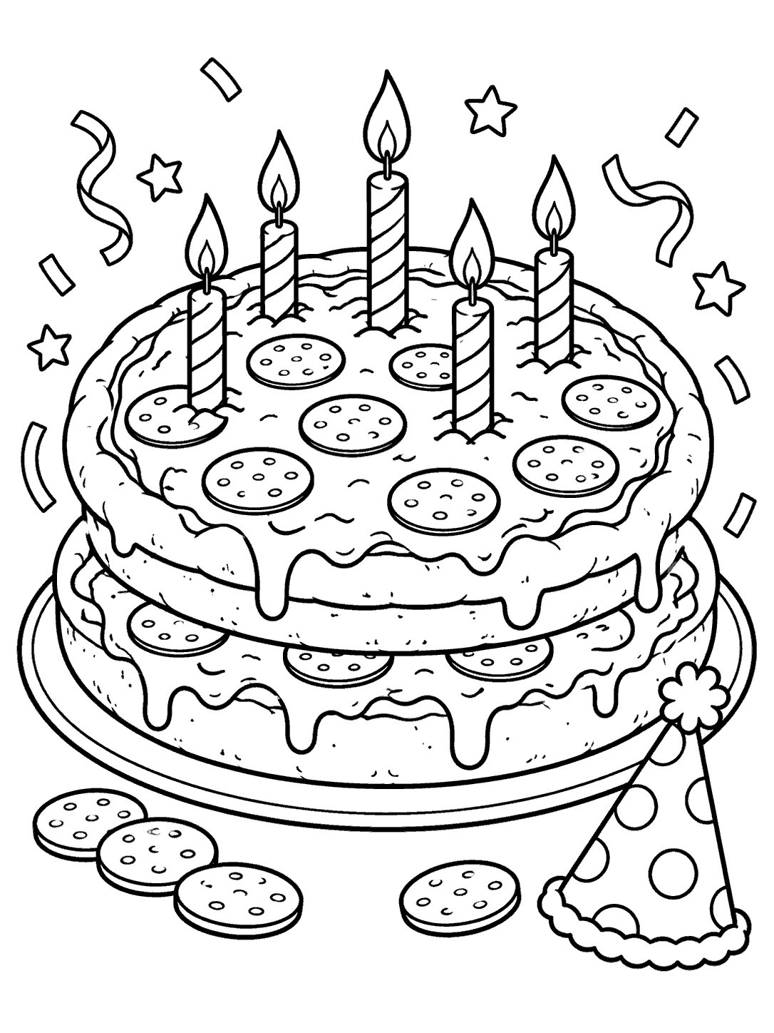 Two-layer pizza cake with five candles, pepperoni pieces, and a party hat coloring page