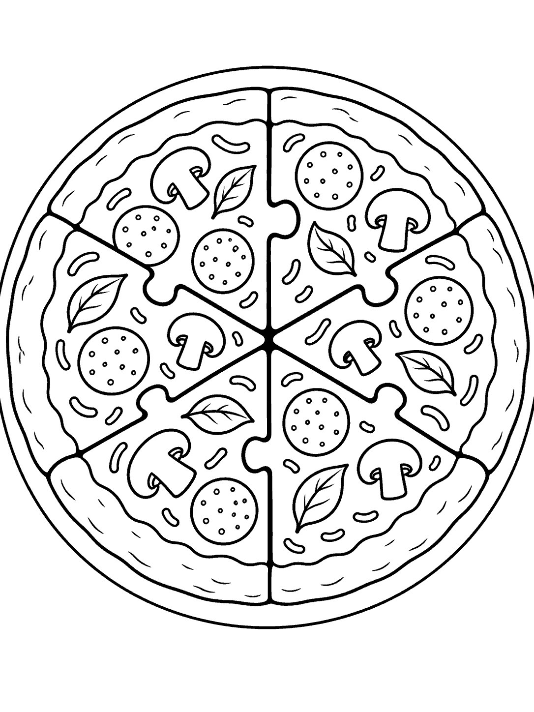 Round pizza divided into six interlocking puzzle sections with toppings, on a plate, as a coloring page