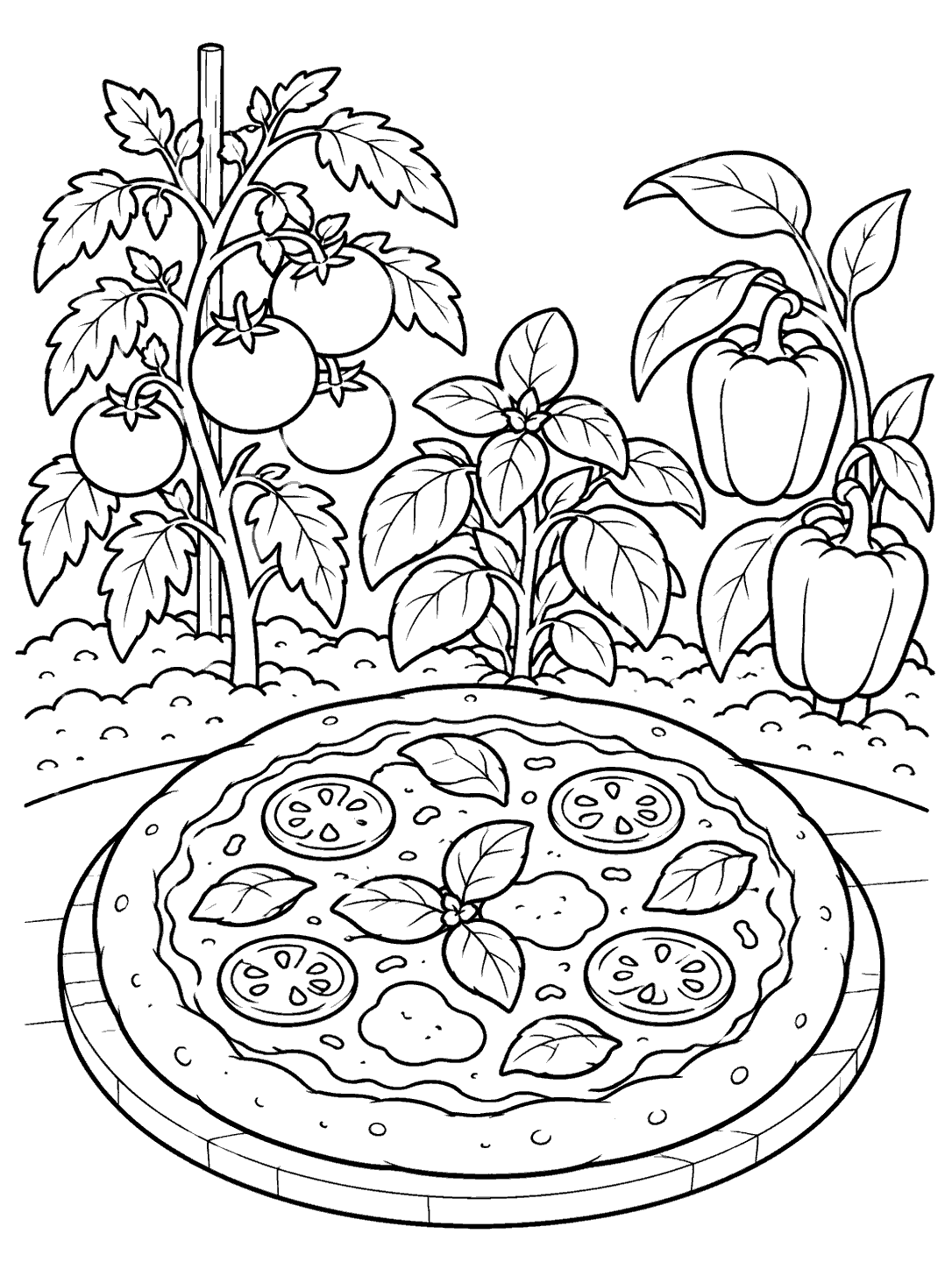 Pizza with tomato basil and pepper garden coloring page