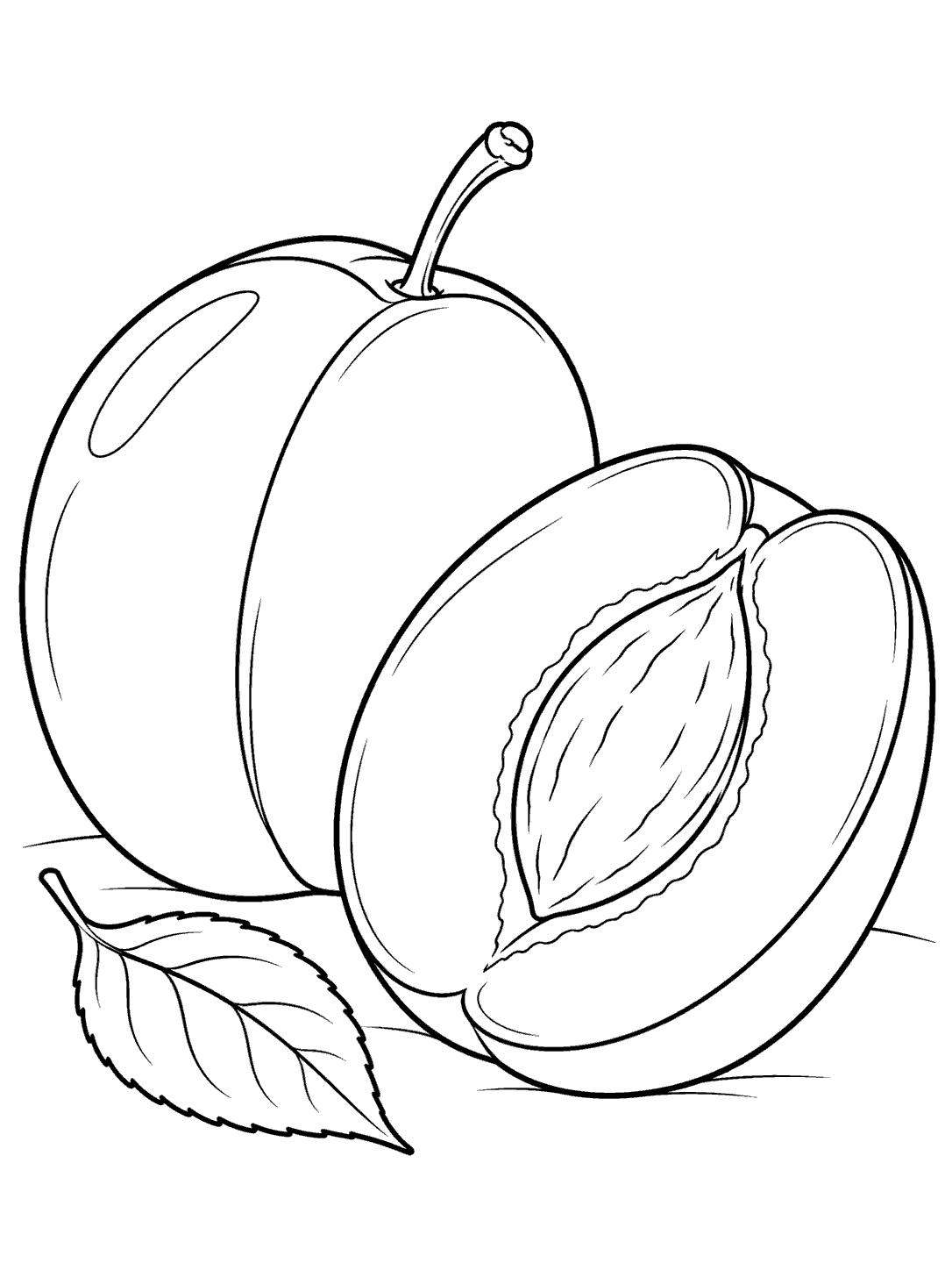 Black and white plum coloring page showing a whole plum, a halved plum with its pit, and one leaf.