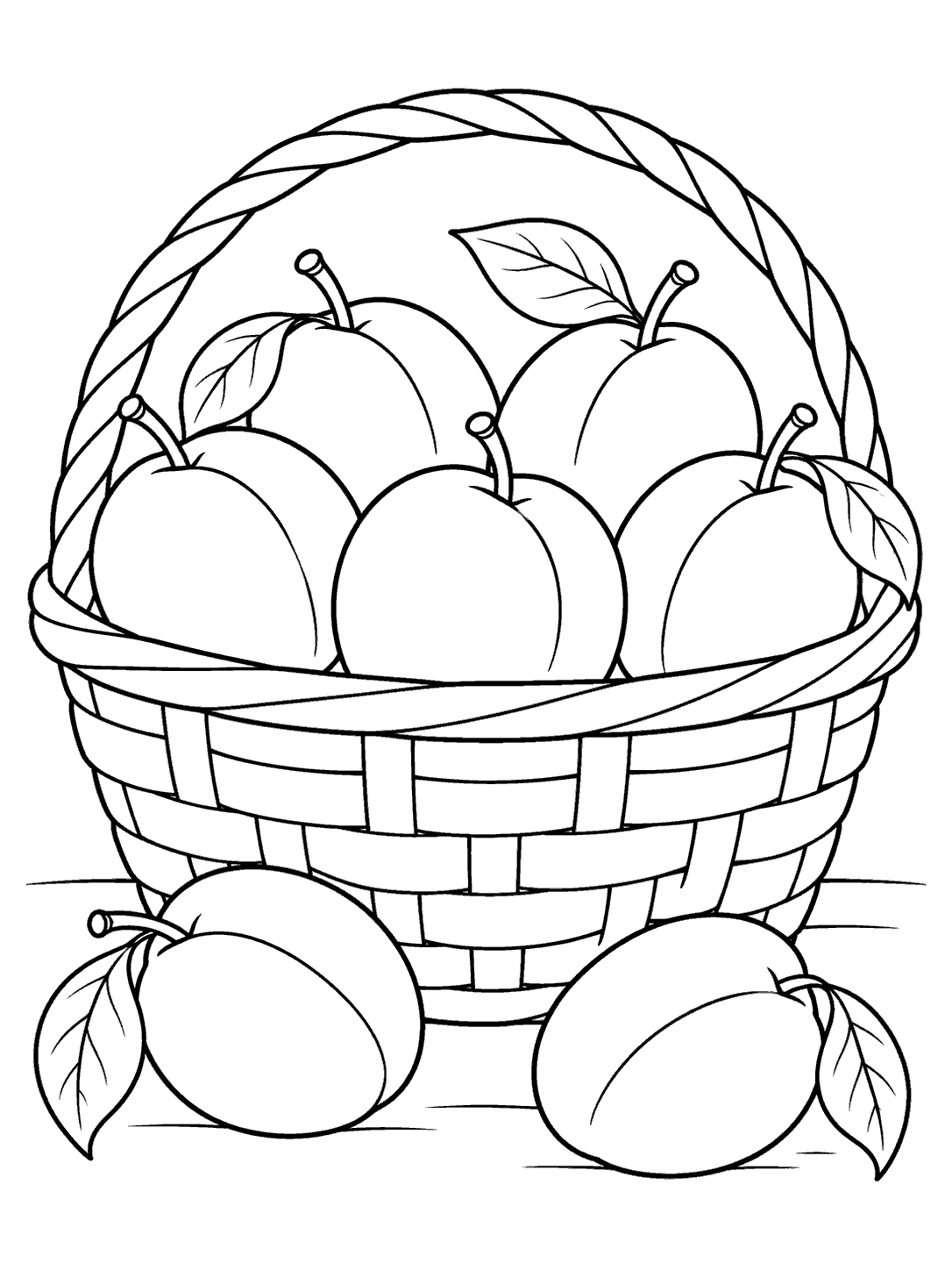 Plum coloring page showing a wide basket filled with five plums and two plums beside it.