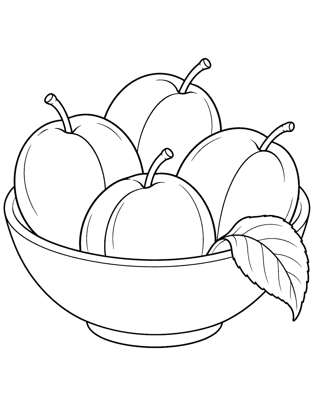 Plum coloring page featuring a bowl of four plums and a leaf resting over the rim