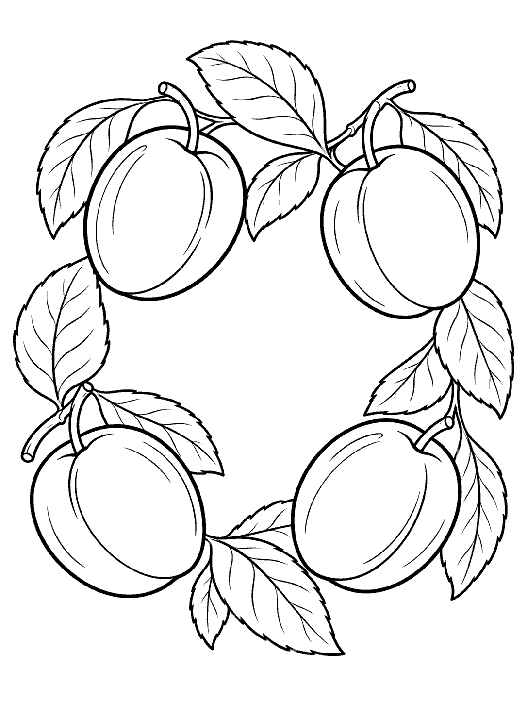 Plum coloring page showing four outlined plums and broad leaves arranged in a circular wreath.