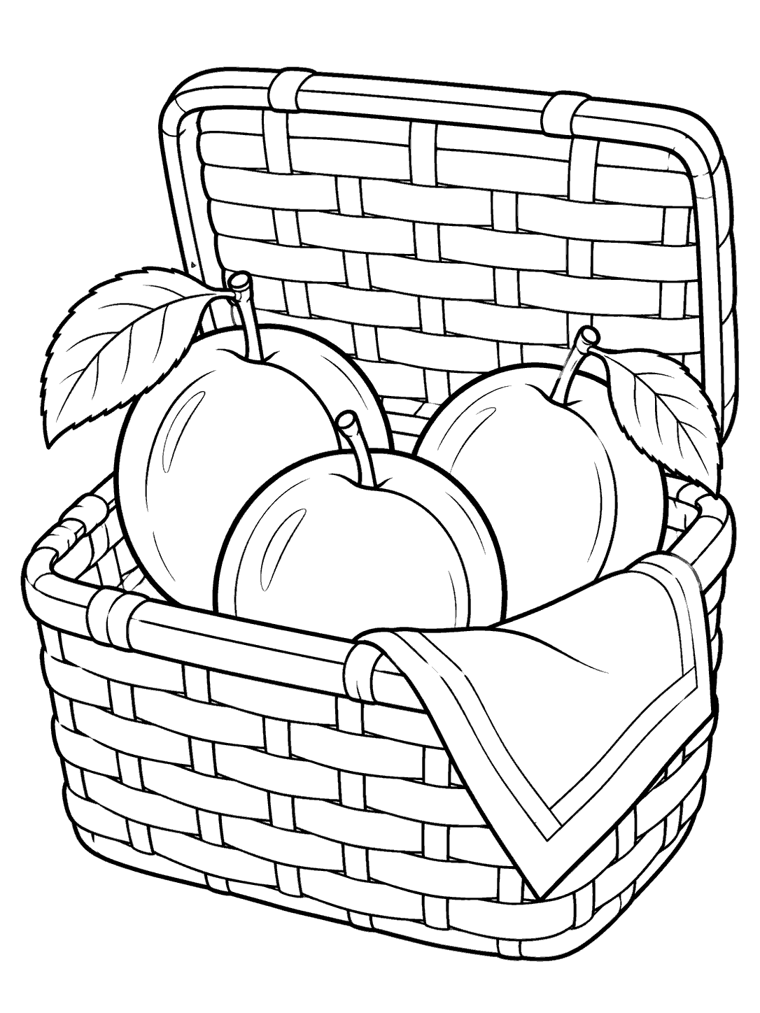 Plum coloring page showing three plums in an open woven picnic basket with a folded cloth