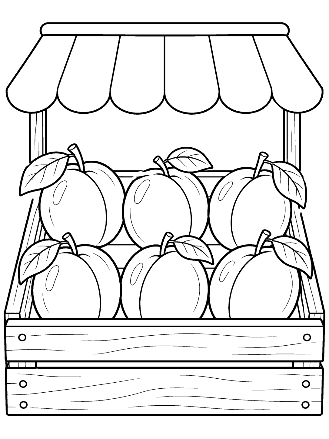Plum coloring page showing six plums with leaves in a wooden crate beneath a striped canopy.