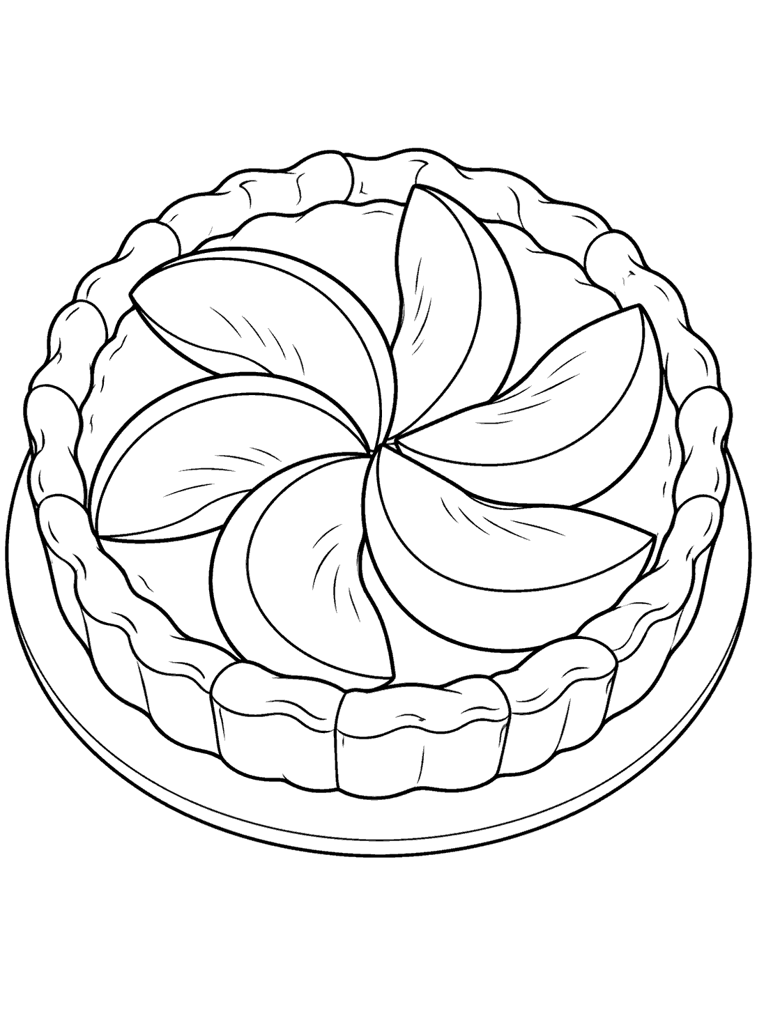 Plum tart coloring page with six broad plum wedges arranged on a round tart.