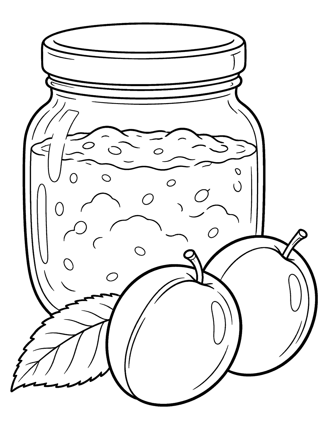 Plum coloring page with plum jam jar and two plums