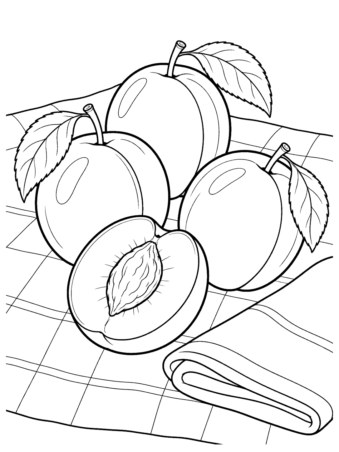Plum coloring page showing three whole plums, a cut plum half, and a folded napkin on a picnic cloth.