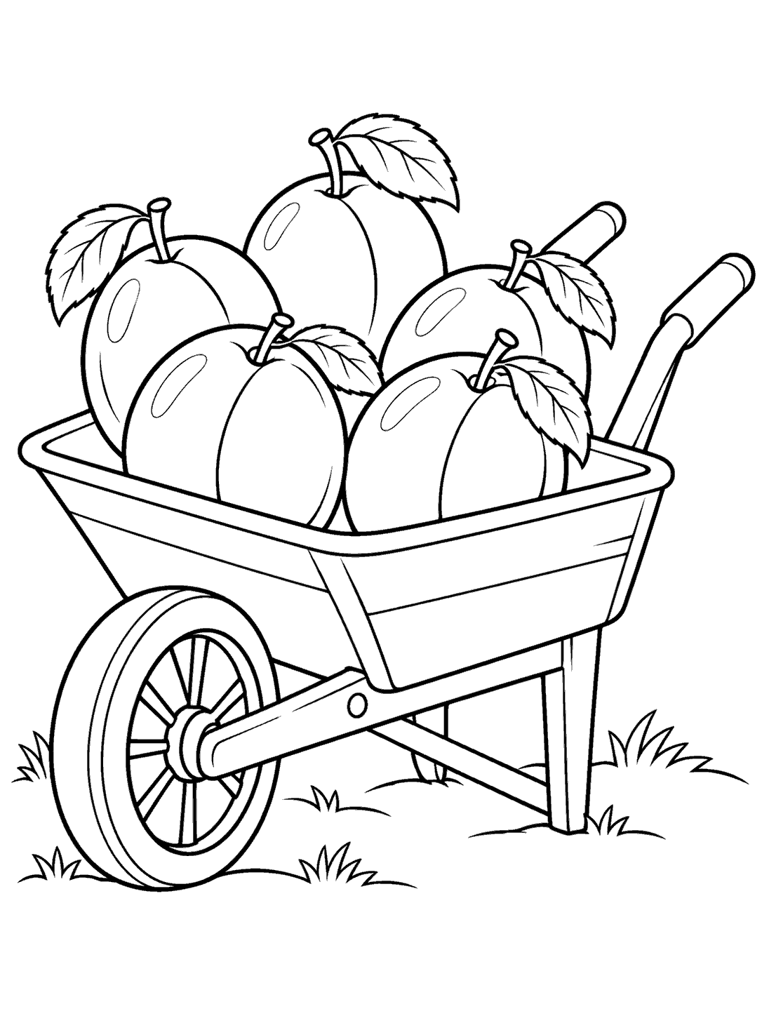 Plum coloring page featuring five large plums in a garden wheelbarrow