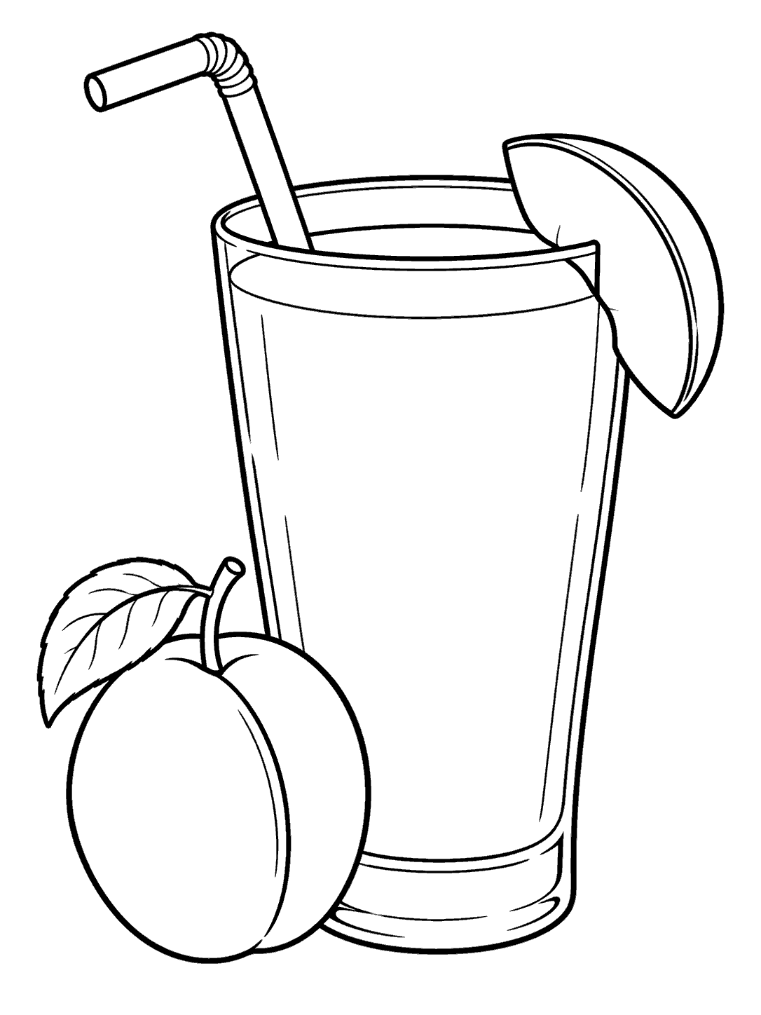 Plum coloring page with smoothie glass, straw, plum slice, and whole plums