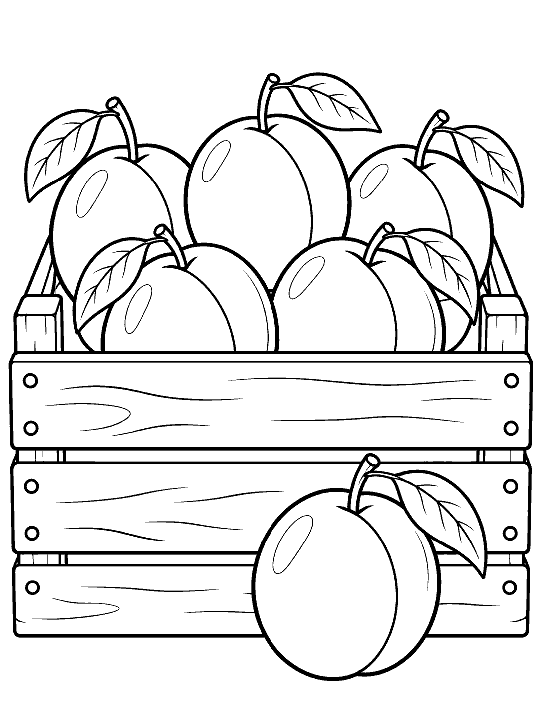 Plum coloring page showing six plums, with five in a wooden crate and one resting in front.