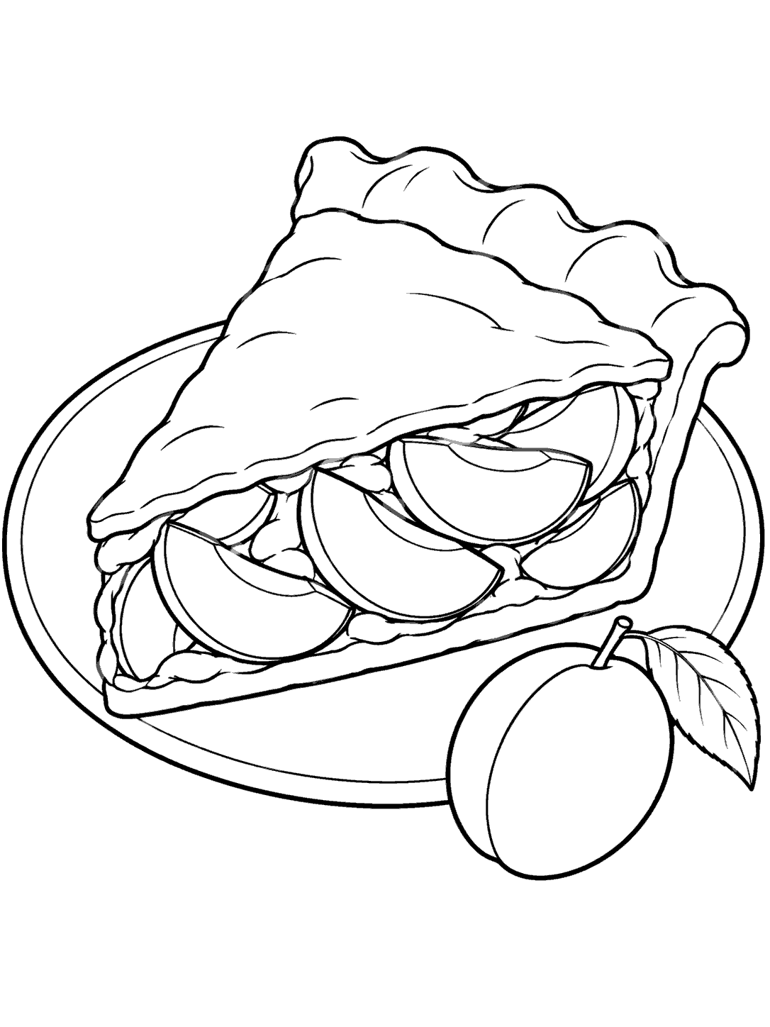 Plum coloring page showing a large slice of pie with broad plum pieces, a round plate, and a whole plum with a leaf.