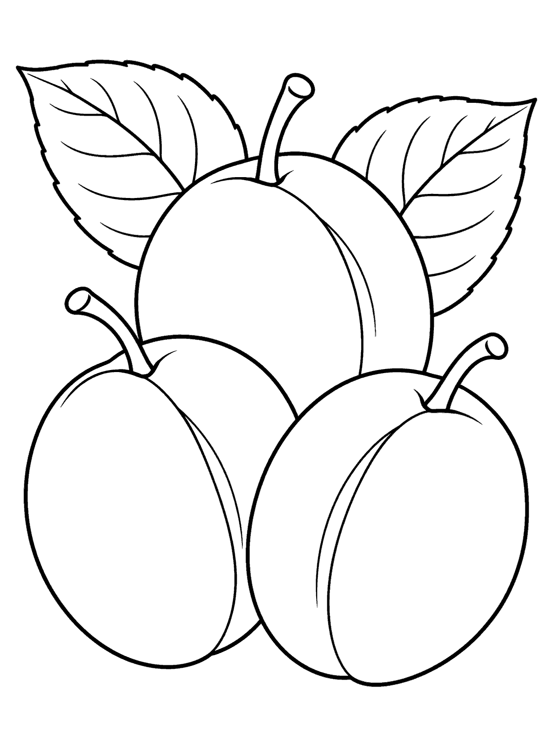Plum coloring page with a cluster of three plums