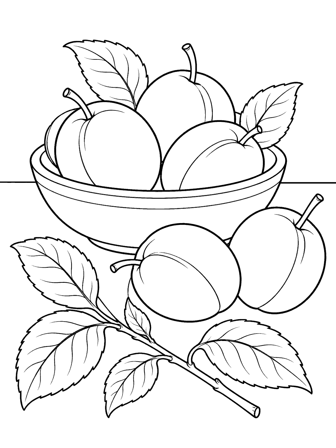 Plum coloring page of a harvest still life with a bowl of plums, two loose plums, and a leafy branch.