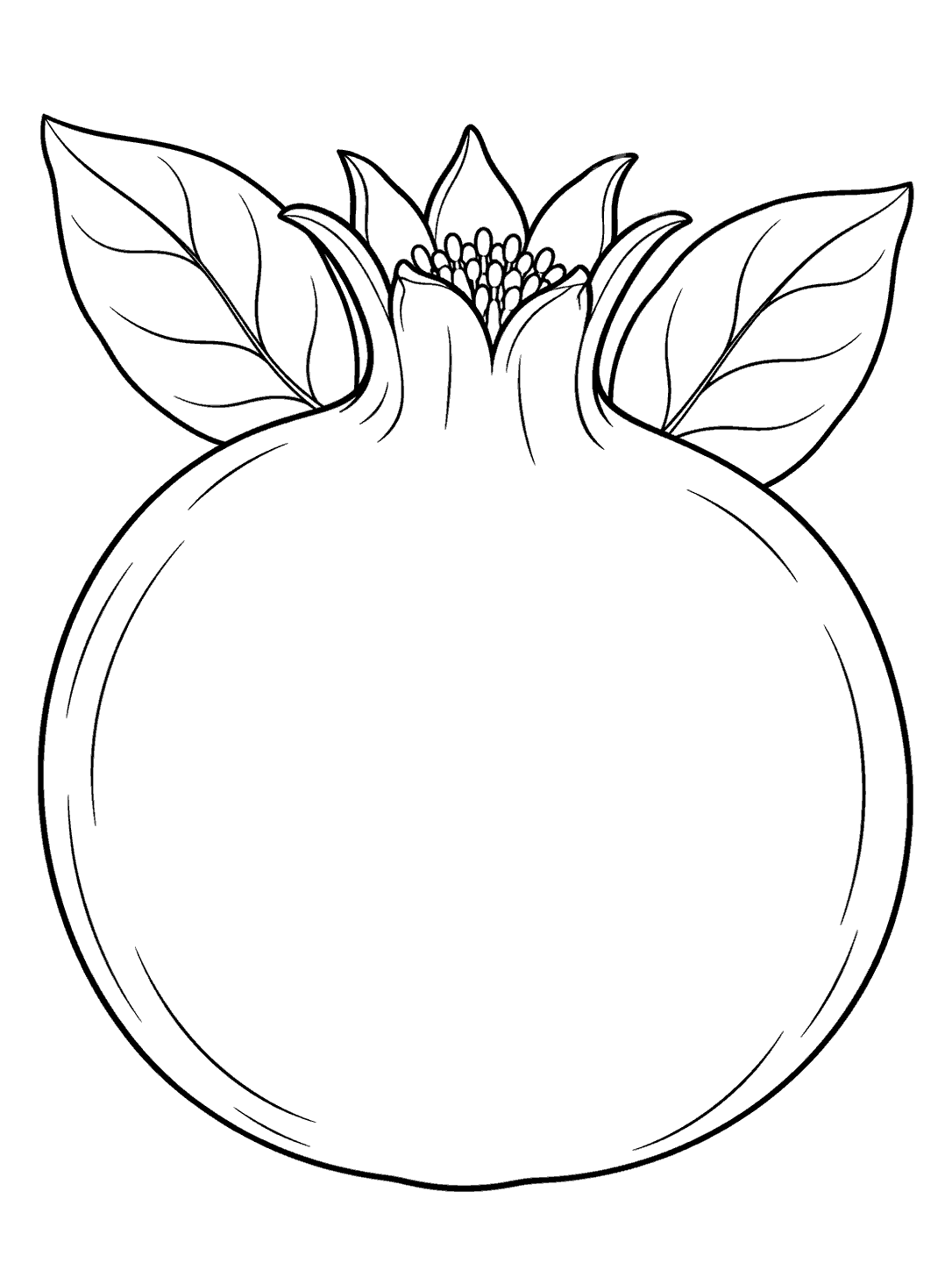 Printable outline drawing of a whole pomegranate with its crown and two broad leaves.