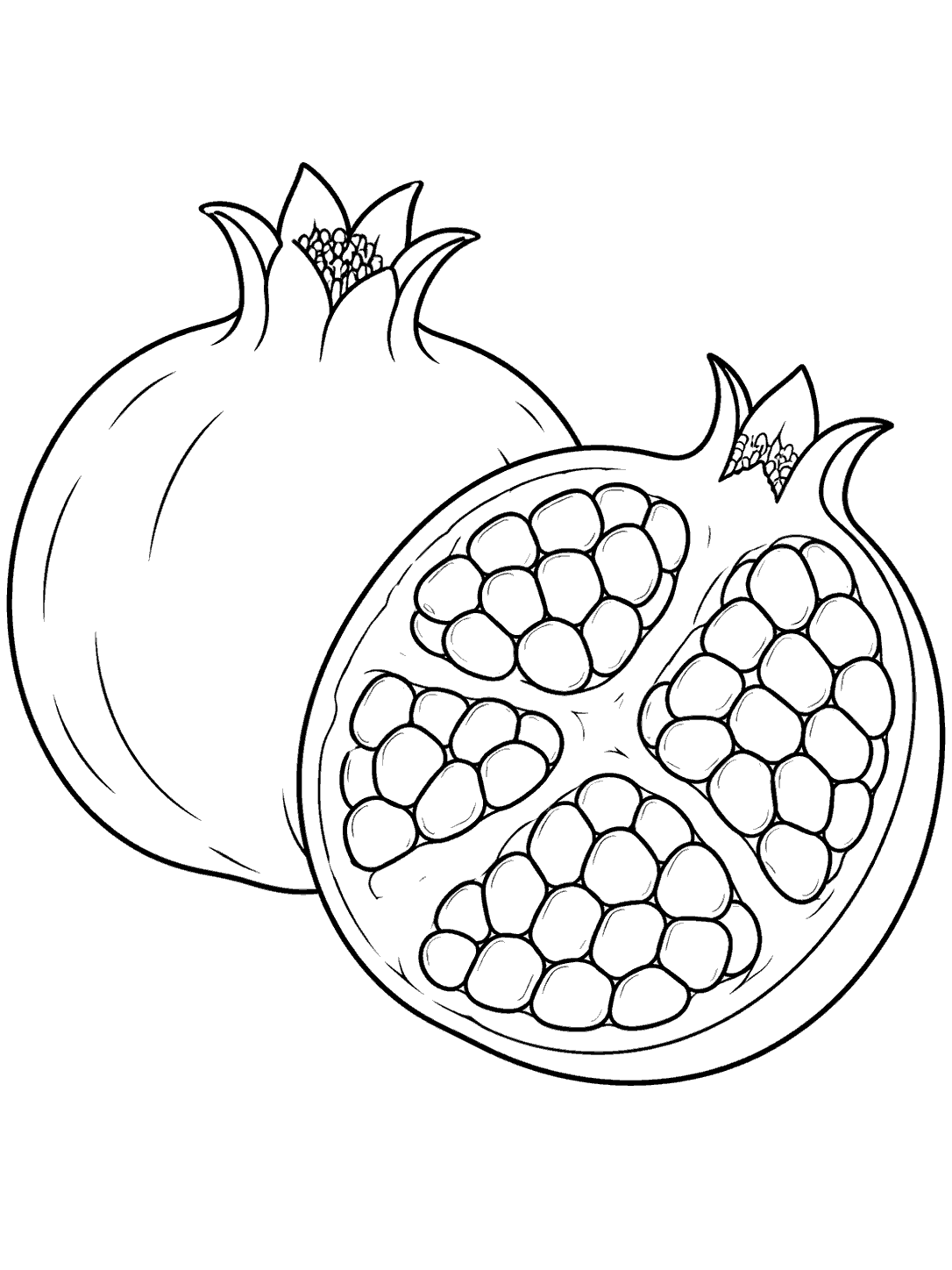 Black outline coloring page showing a whole pomegranate beside a cut half with large seed clusters and broad membranes.