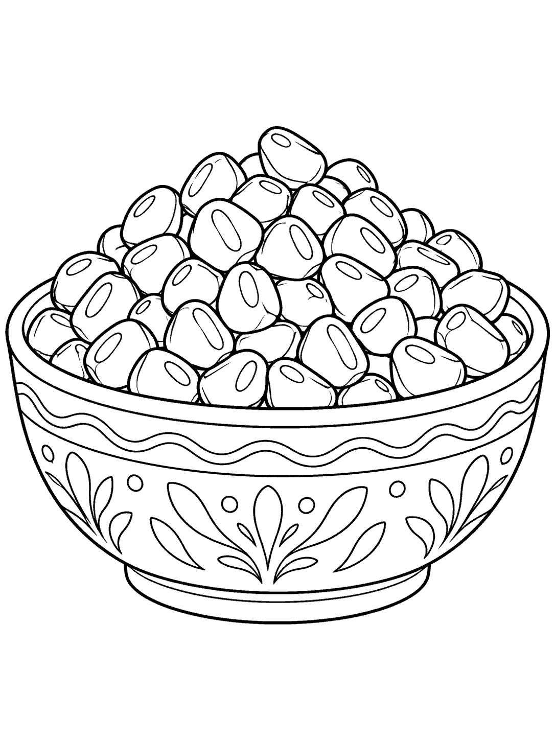 A wide patterned bowl filled with large outlined pomegranate arils on a blank white background.
